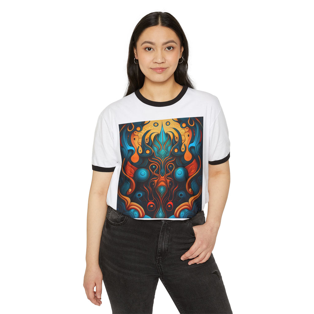 Abstract Flame Mandala Ringer Tee - Psychedelic Symmetry Graphic T-Shirt