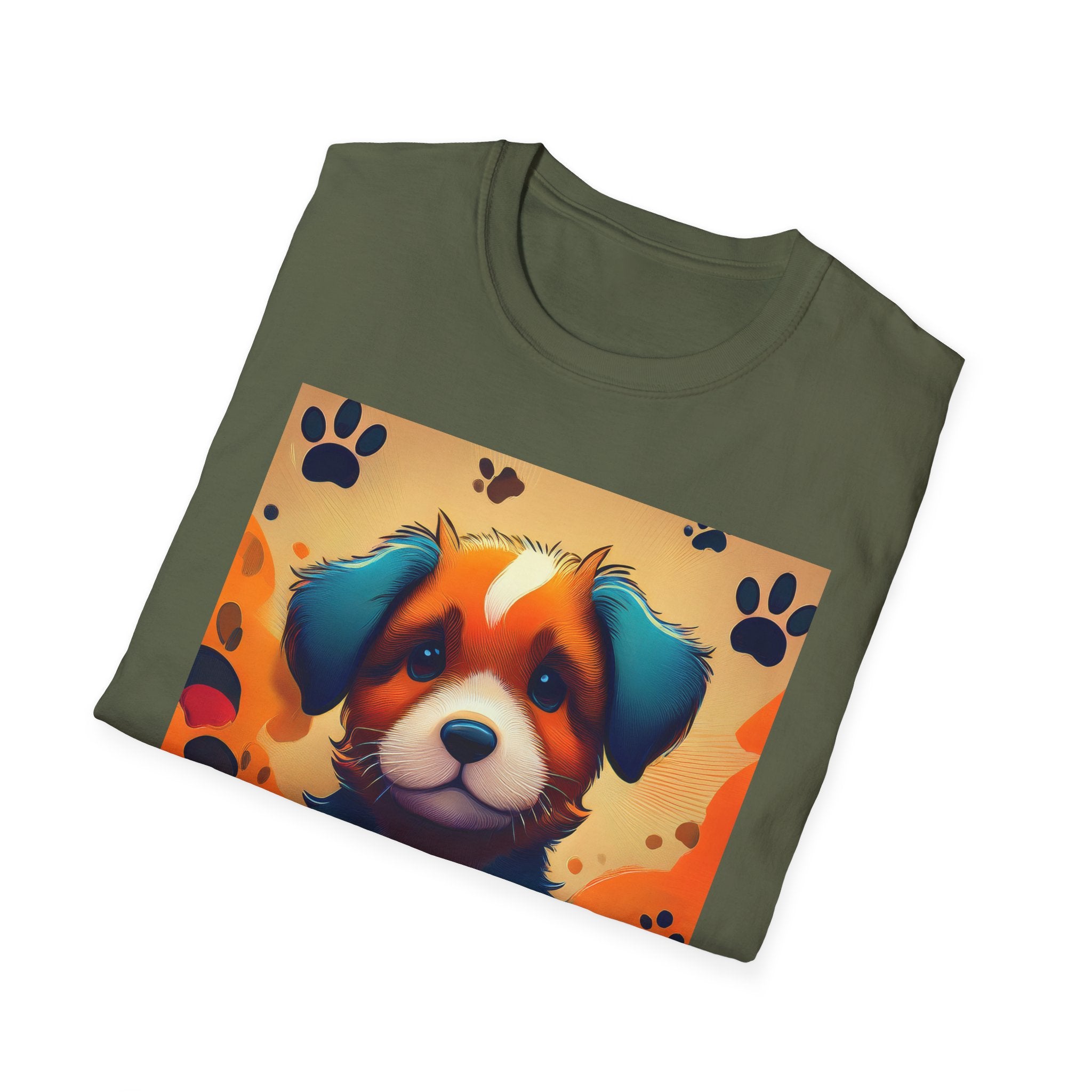 Cute Puppy Portrait T-Shirt — Colorful Paw Print Dog Graphic Tee