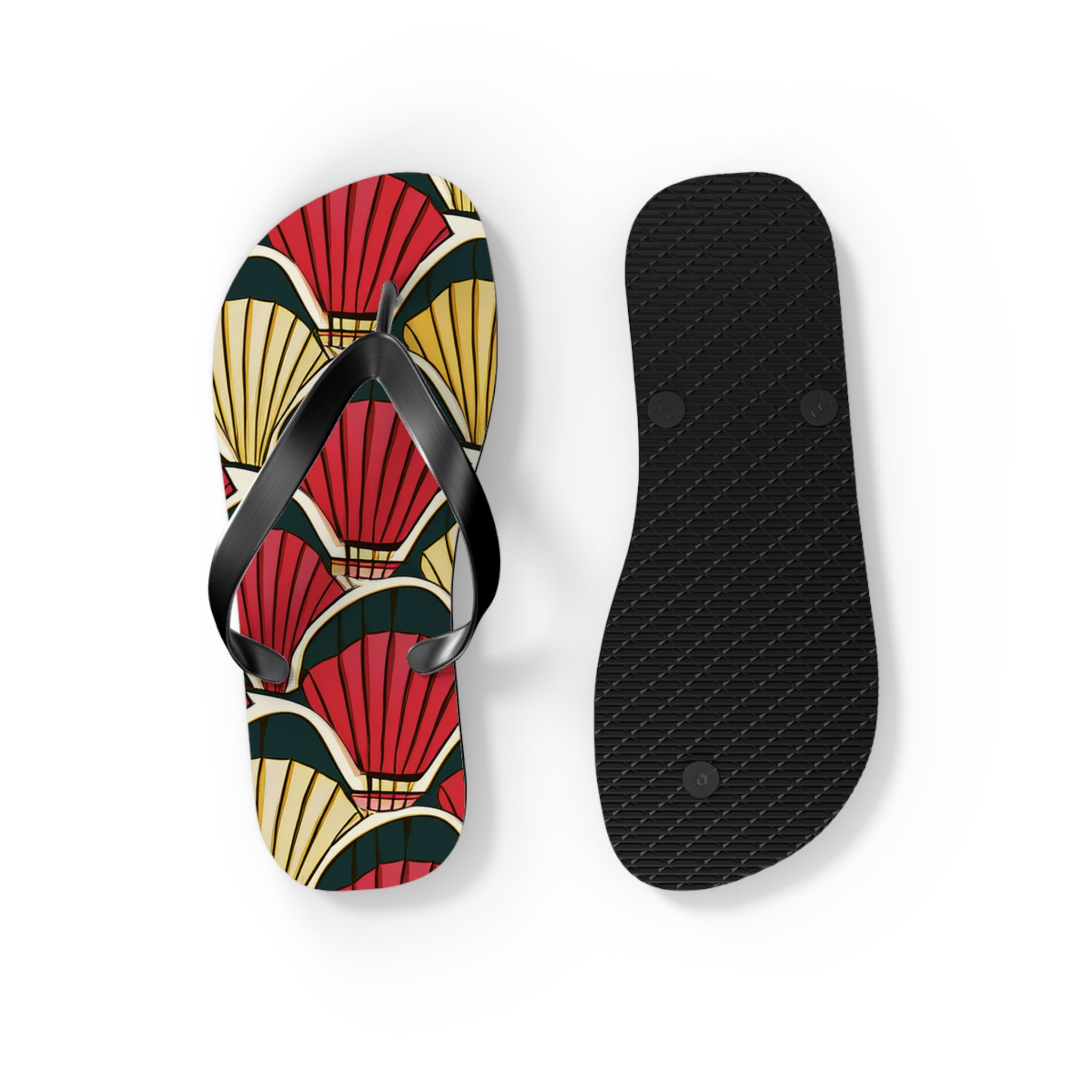 Art Deco Shell Pattern Flip Flops — Retro Red & Gold Beach Sandals