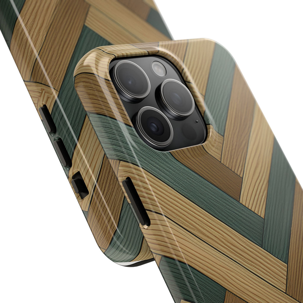 Wood Herringbone Tough Phone Case — Protective Matte Phone Cover with Natural Wood Pattern