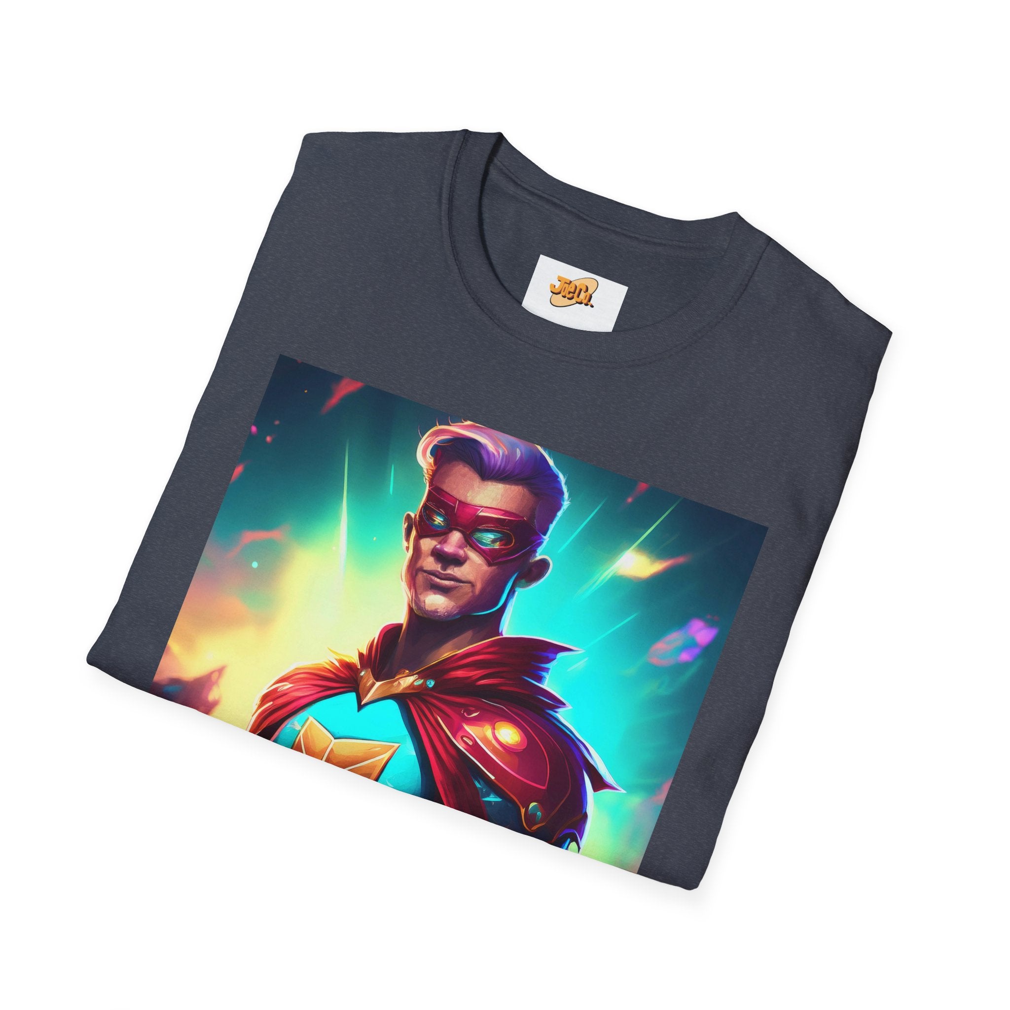 Superhero Graphic T-Shirt — Retro Neon Captain Chest Emblem