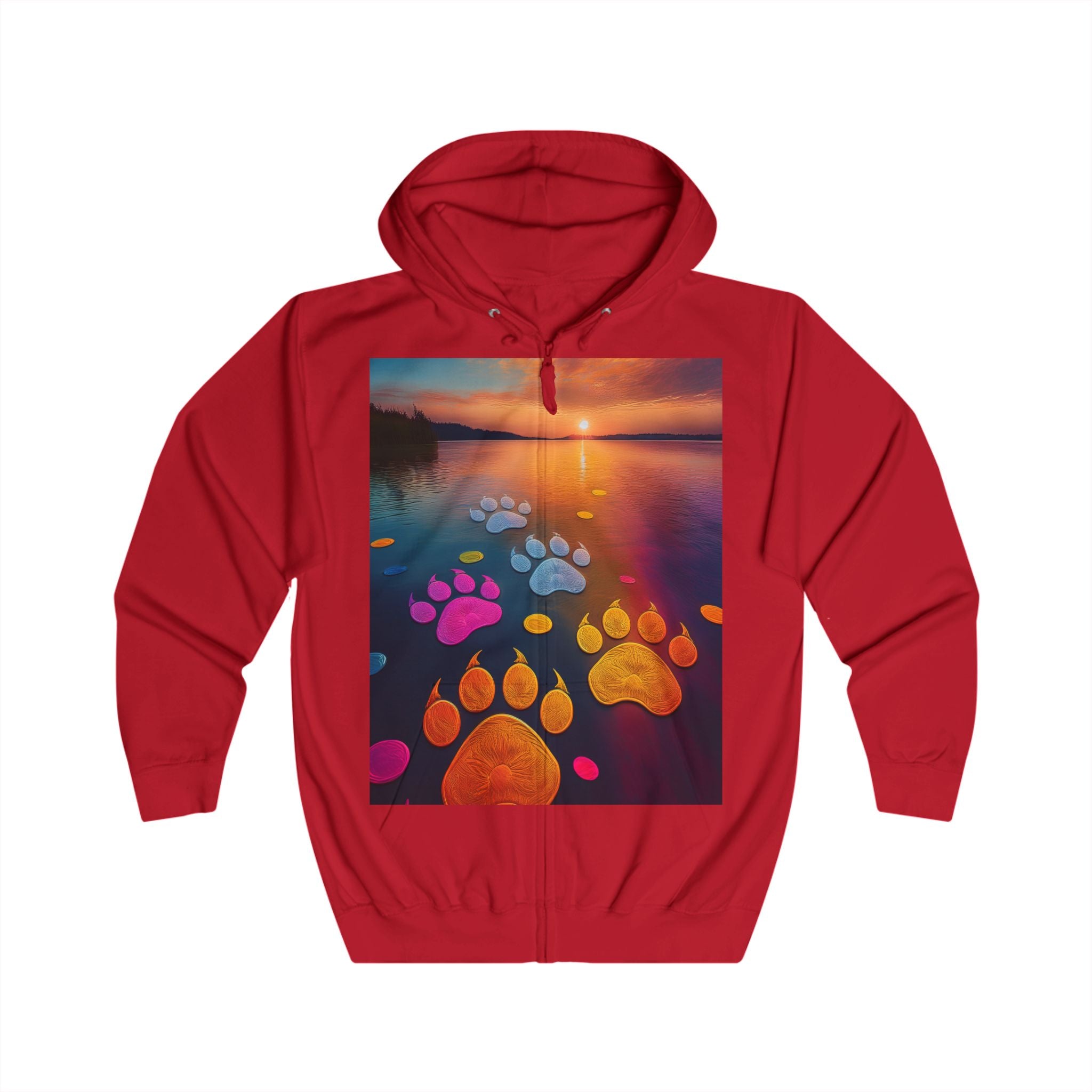 Pawprint Sunset Zip Hoodie — Colorful Paw Trail Graphic