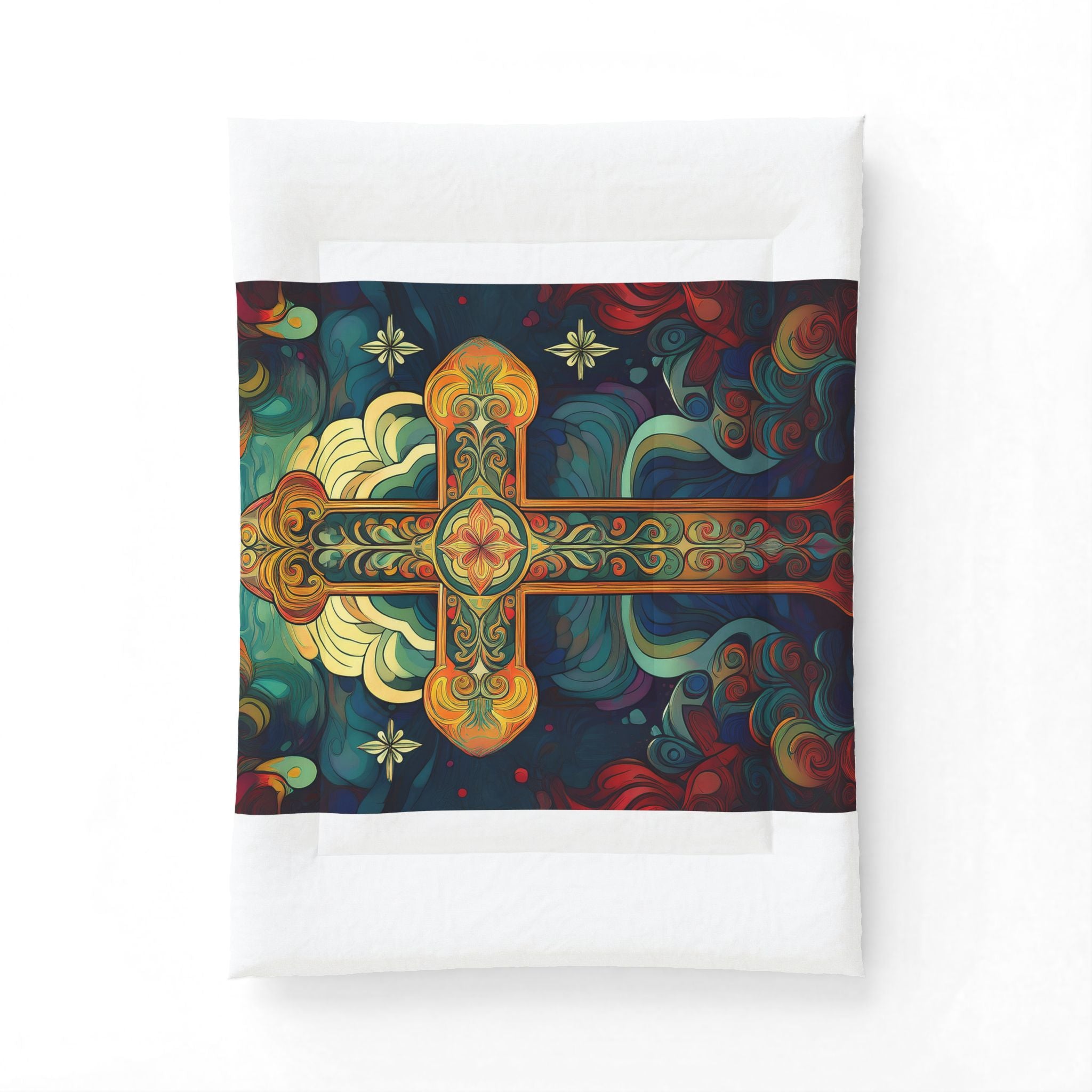 Stained Glass Cross Cotton Comforter – Colorful Religious Bedding Throw