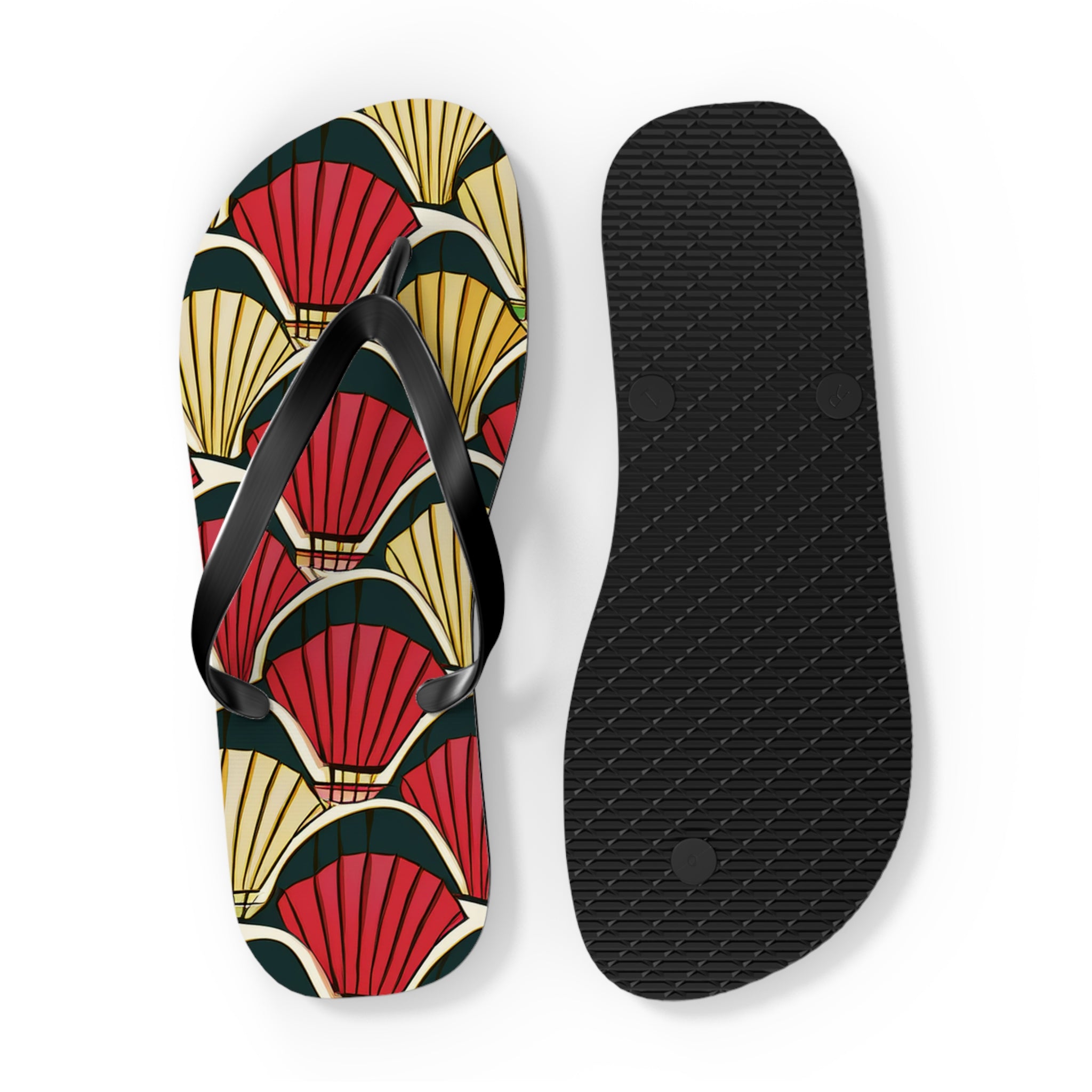 Art Deco Shell Pattern Flip Flops — Retro Red & Gold Beach Sandals