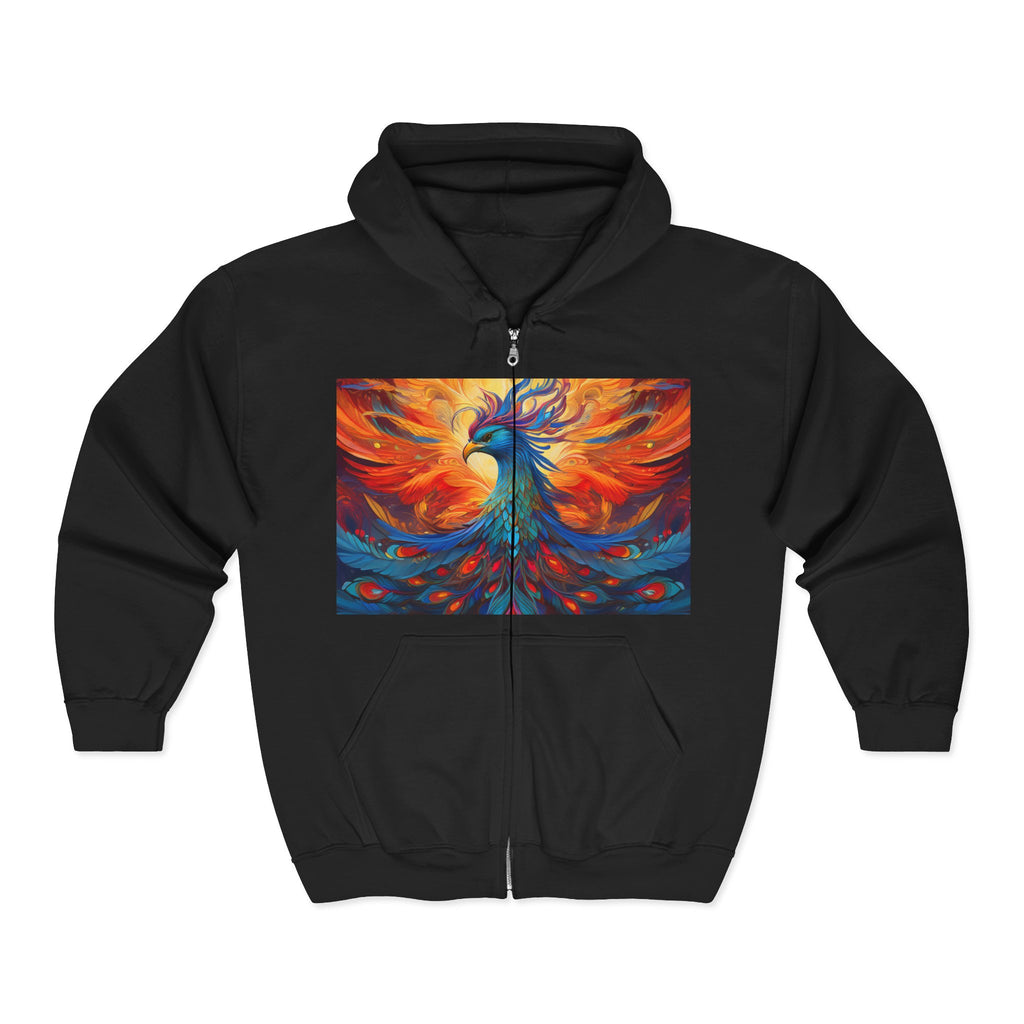 Phoenix Art Full-Zip Hoodie — Vibrant Abstract Bird Design