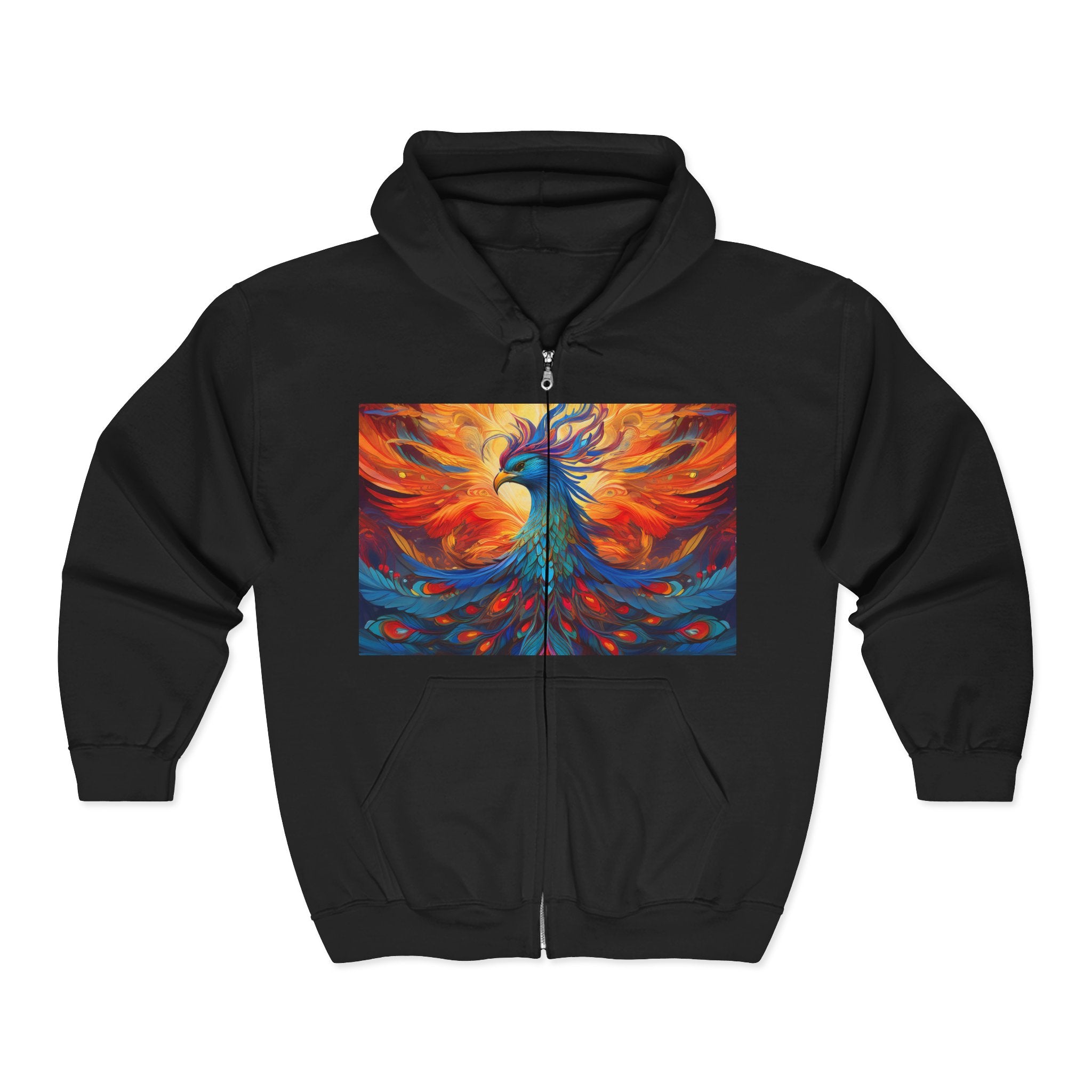Phoenix Art Full-Zip Hoodie — Vibrant Abstract Bird Design