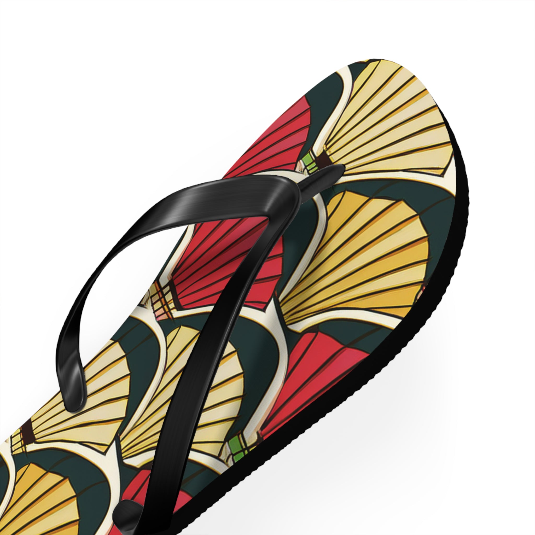 Art Deco Shell Pattern Flip Flops — Retro Red & Gold Beach Sandals
