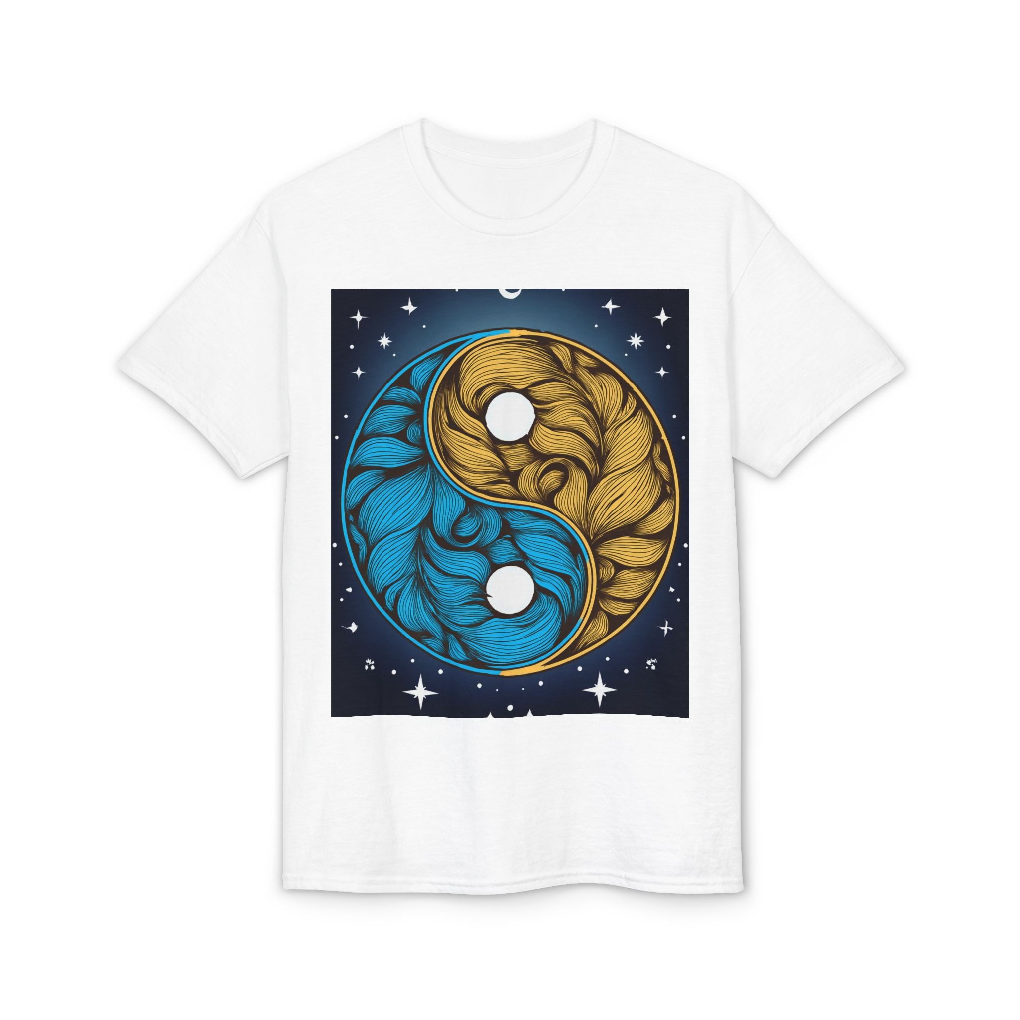 Yin Yang Moon Feathers T-Shirt — Blue & Gold Celestial Balance Tee