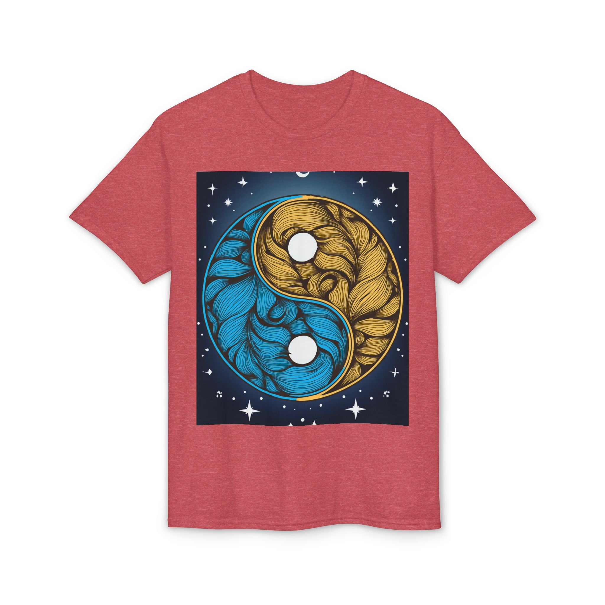 Yin Yang Moon Feathers T-Shirt — Blue & Gold Celestial Balance Tee