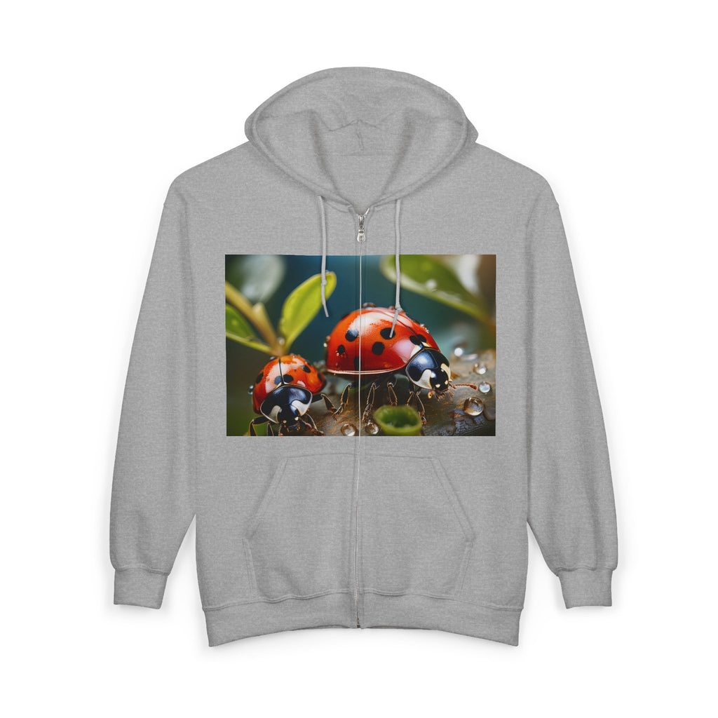 Ladybug Nature Zip Hoodie – Cute Red Ladybugs on Dewy Leaf