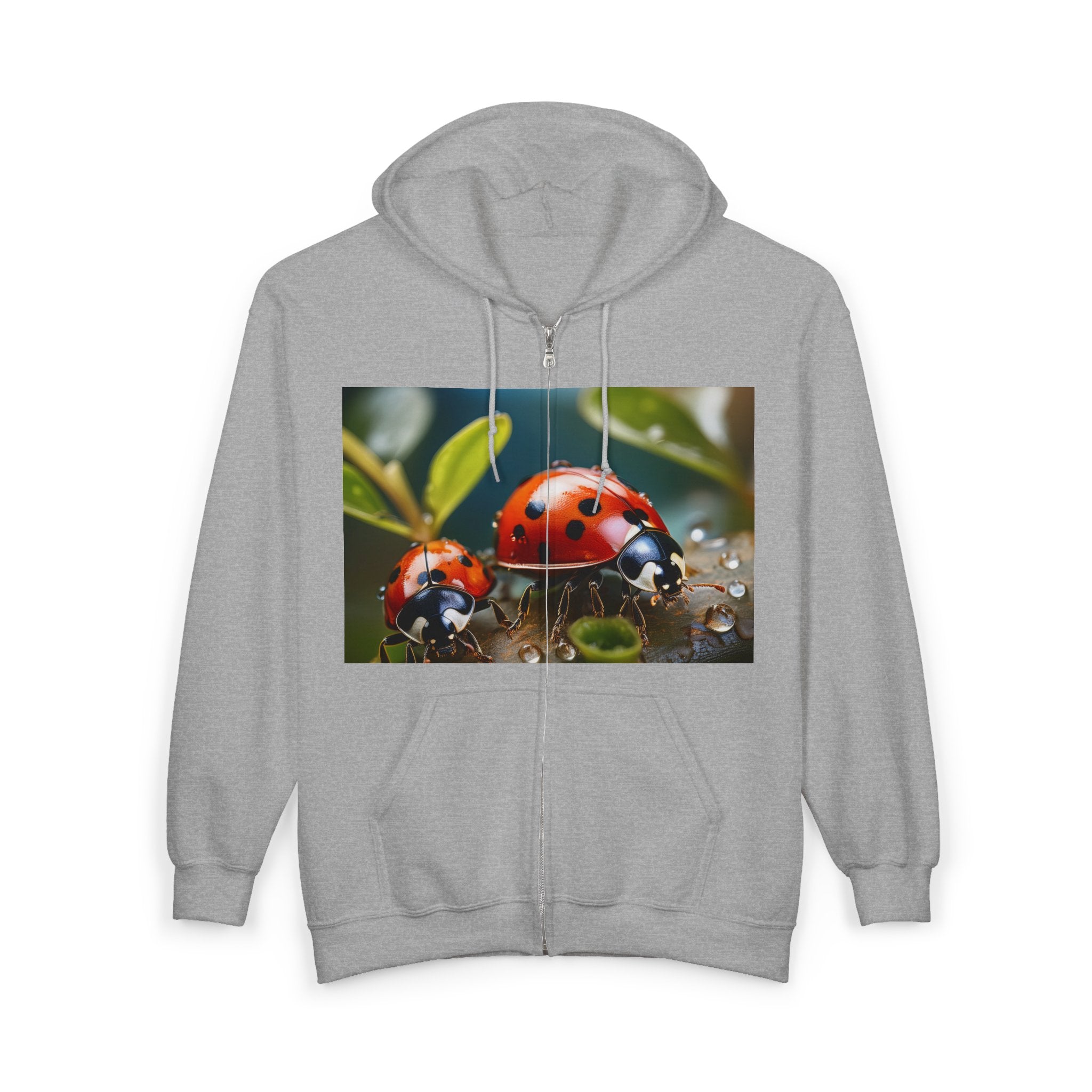 Ladybug Nature Zip Hoodie – Cute Red Ladybugs on Dewy Leaf