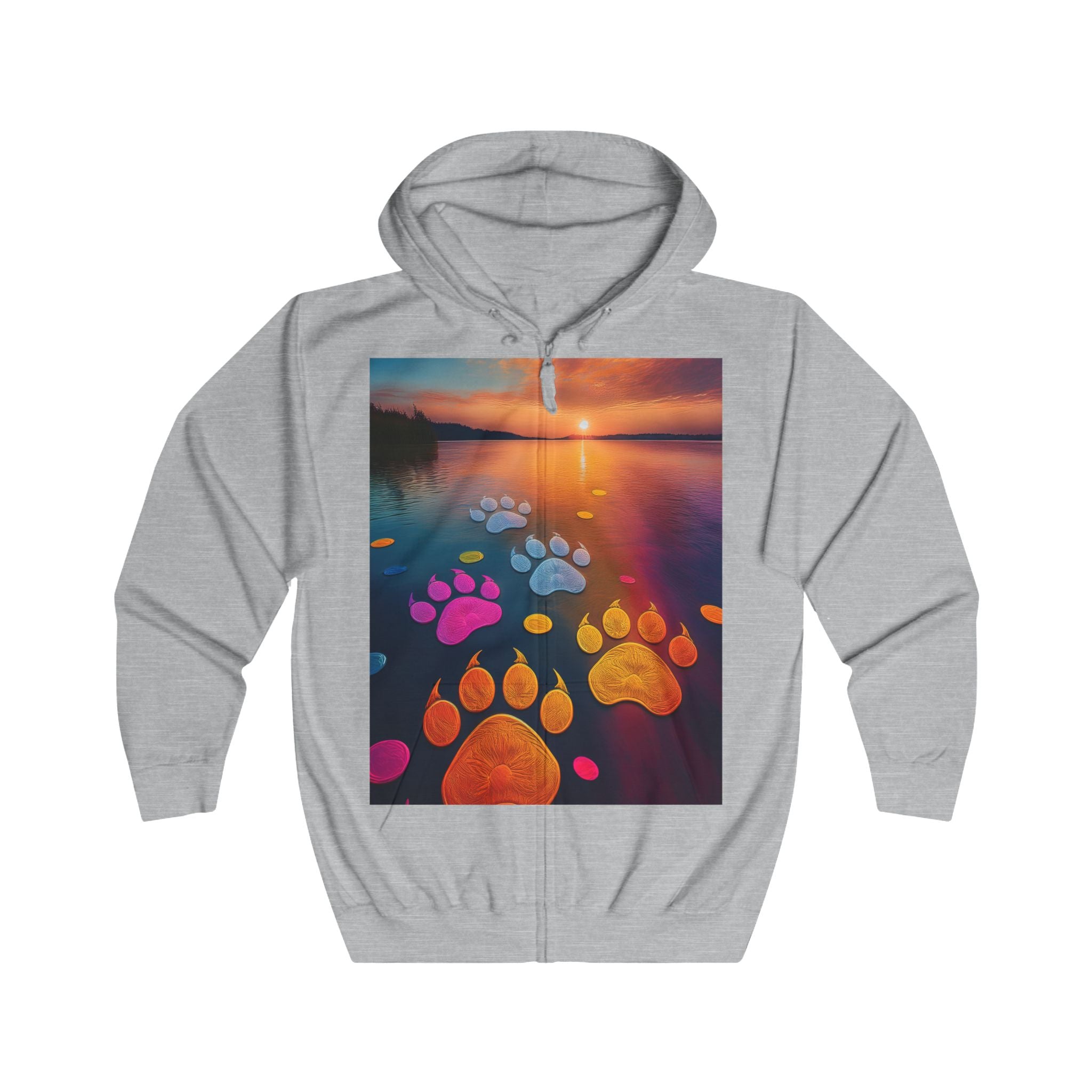 Pawprint Sunset Zip Hoodie — Colorful Paw Trail Graphic