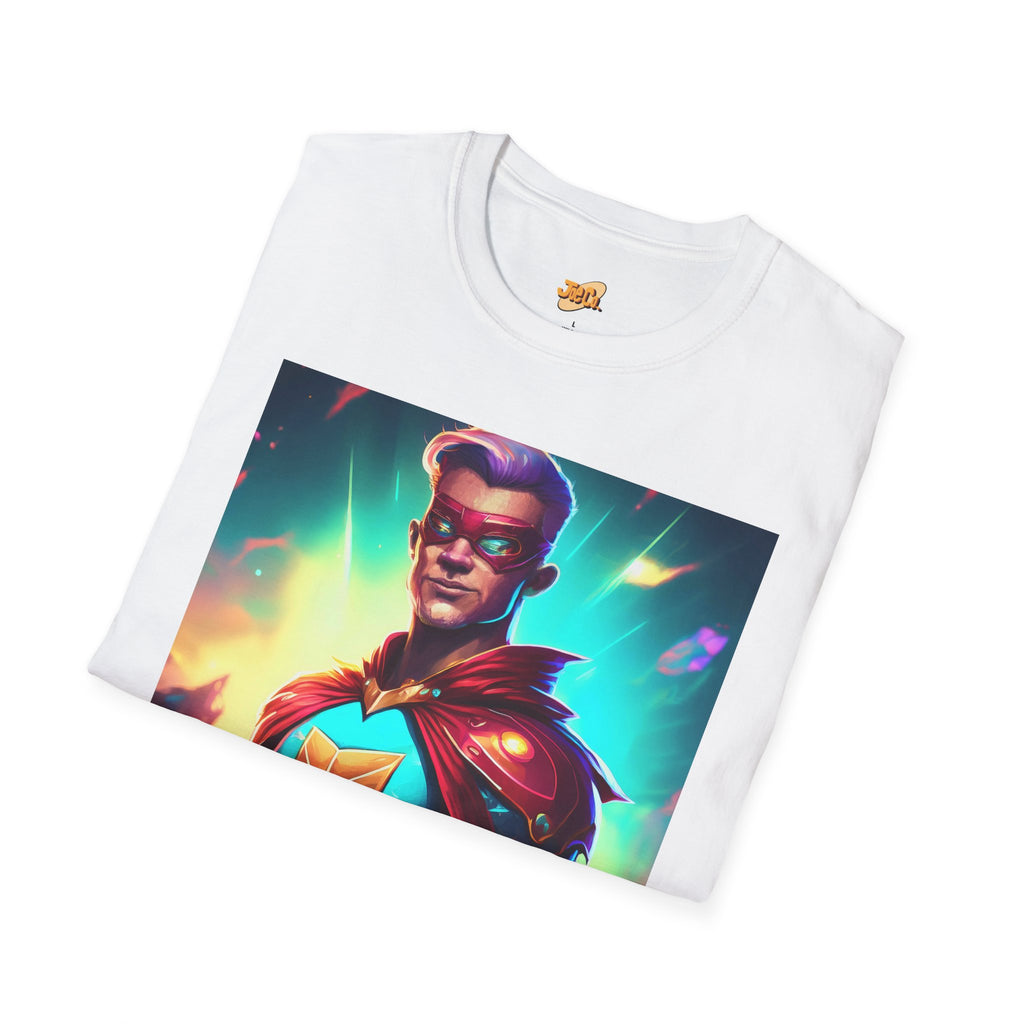 Superhero Graphic T-Shirt — Retro Neon Captain Chest Emblem