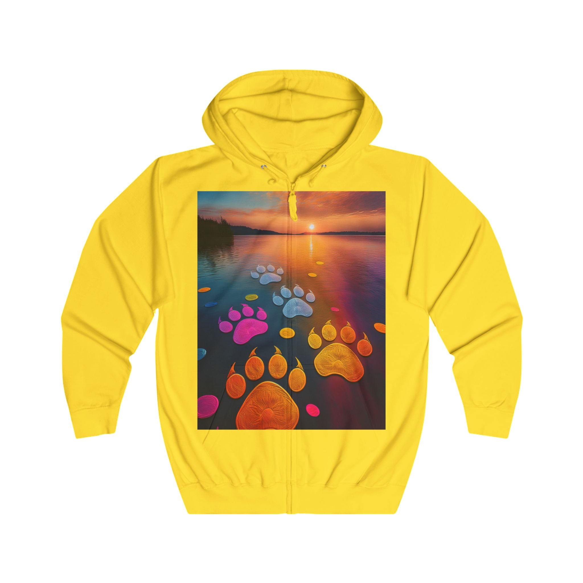 Pawprint Sunset Zip Hoodie — Colorful Paw Trail Graphic