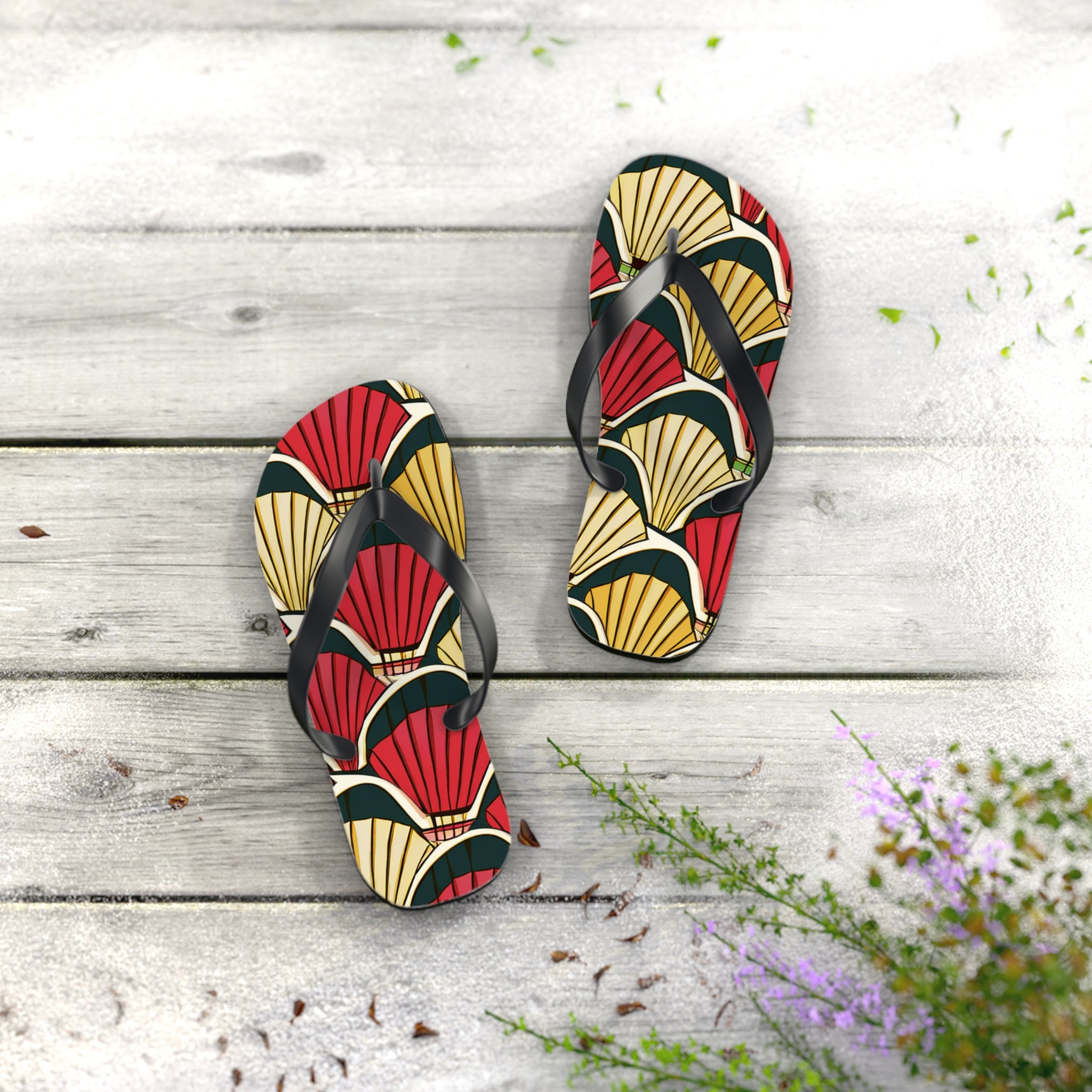 Art Deco Shell Pattern Flip Flops — Retro Red & Gold Beach Sandals