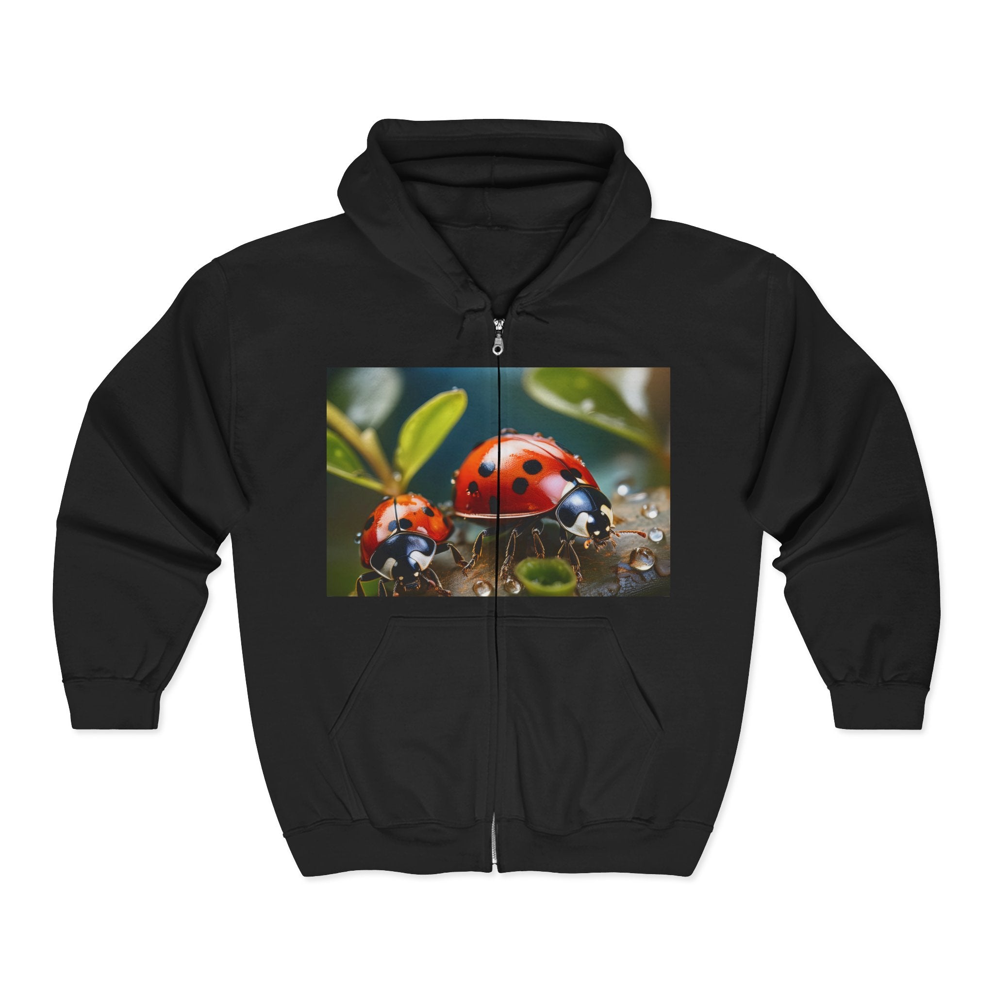 Ladybug Nature Zip Hoodie – Cute Red Ladybugs on Dewy Leaf