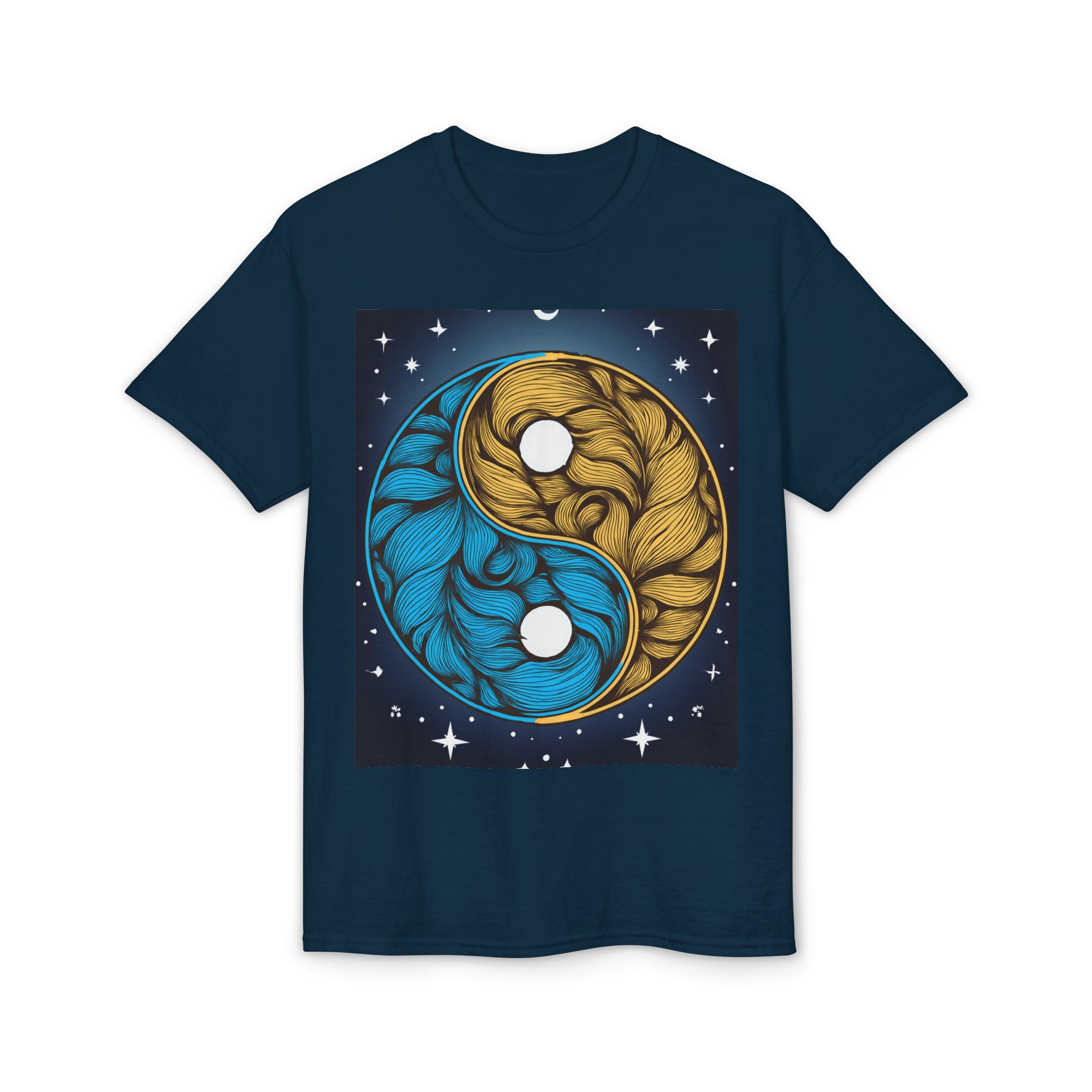 Yin Yang Moon Feathers T-Shirt — Blue & Gold Celestial Balance Tee