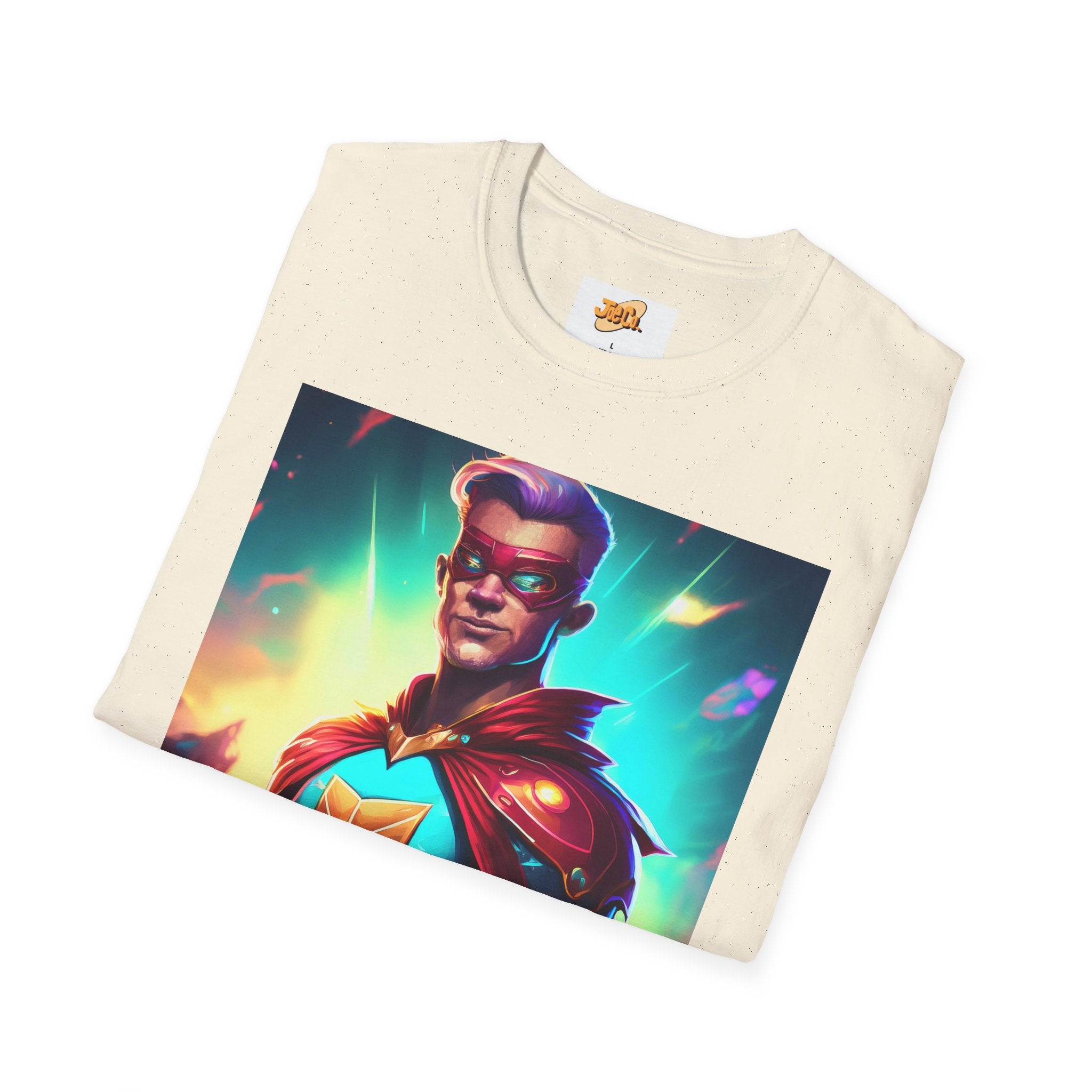 Superhero Graphic T-Shirt — Retro Neon Captain Chest Emblem