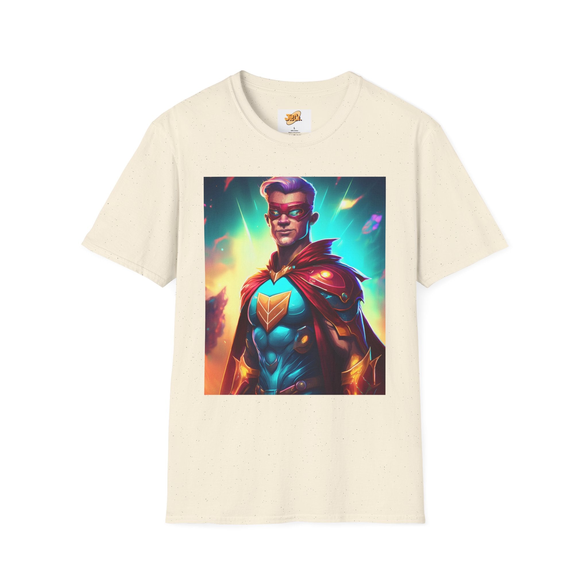 Superhero Graphic T-Shirt — Retro Neon Captain Chest Emblem