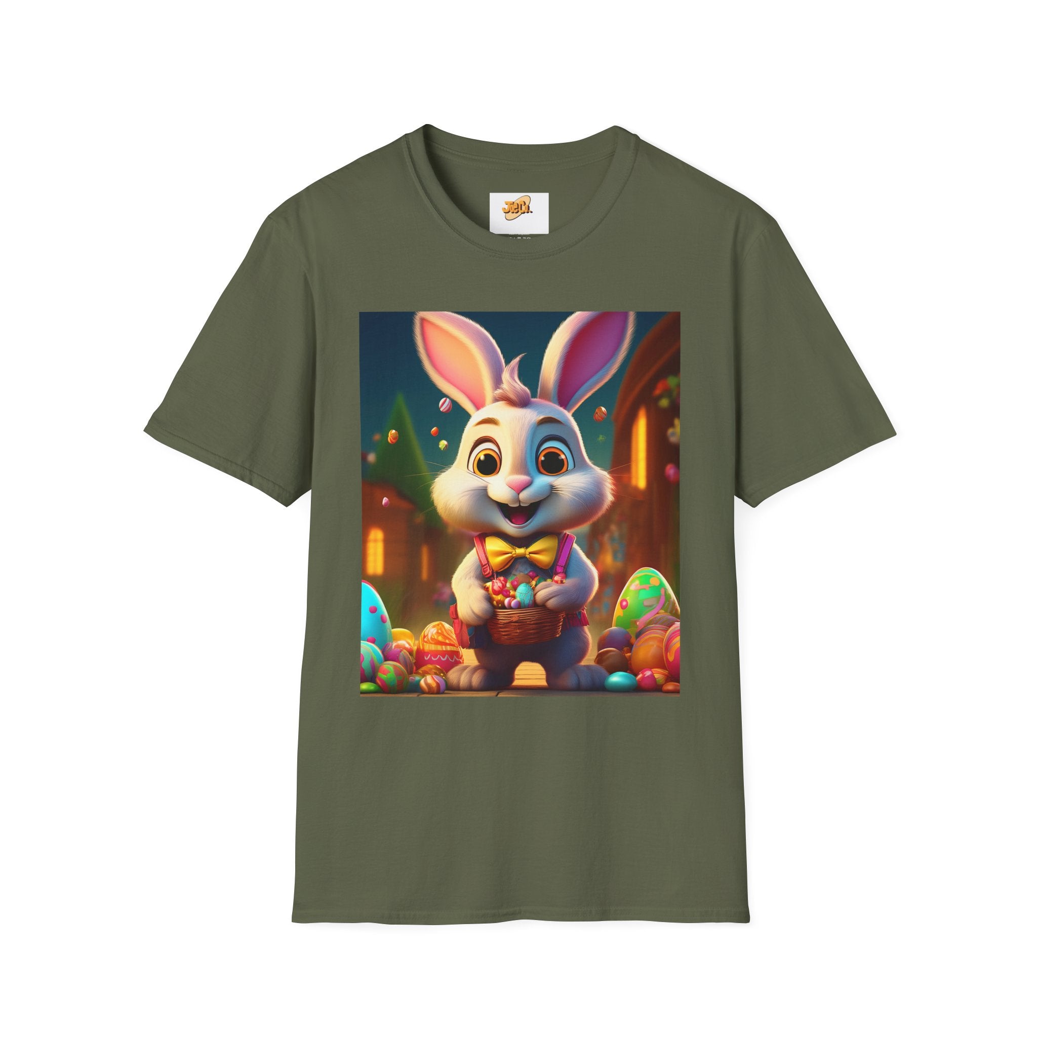 Easter Bunny Kids T-Shirt — Cute Cartoon Rabbit with Colorful Eggs