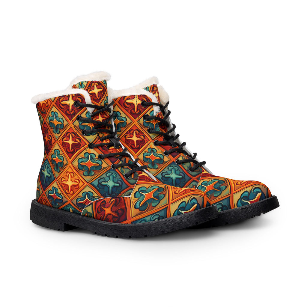Men's Fur-Lined Leather Boots — Colorful Tile Pattern Winter Work Boots