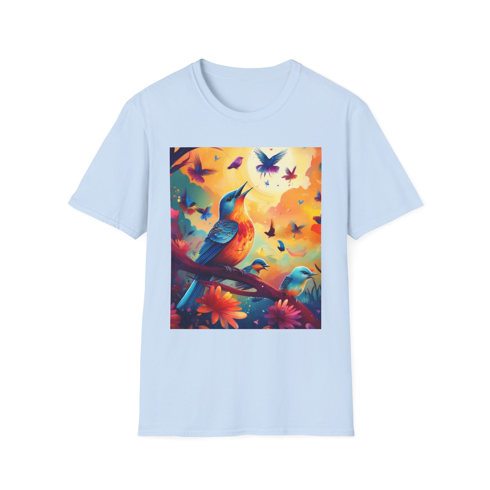 Birds at Dawn Graphic T-Shirt — Colorful Floral Songbird Tee