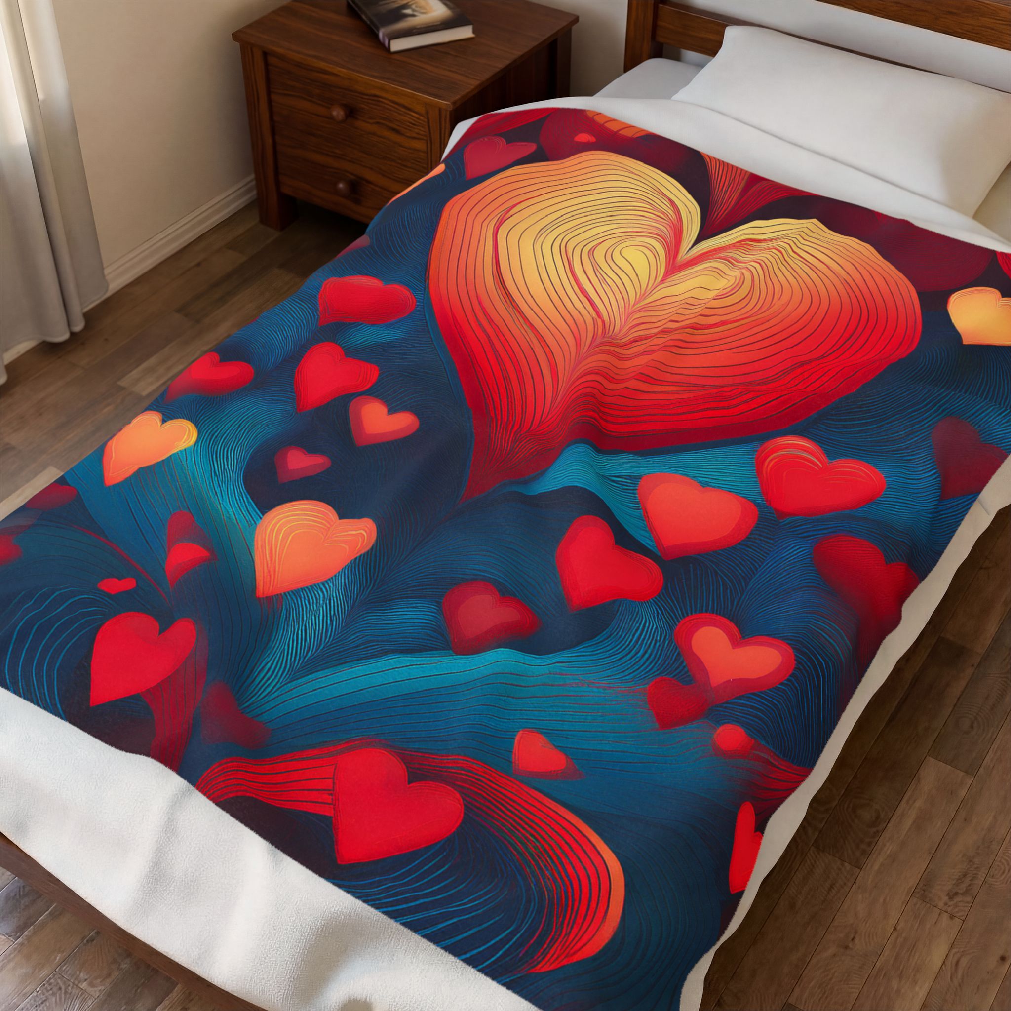Heart Cascade Velveteen Plush Blanket – Cozy Red & Blue Heart Pattern, Perfect Valentine’s Gift