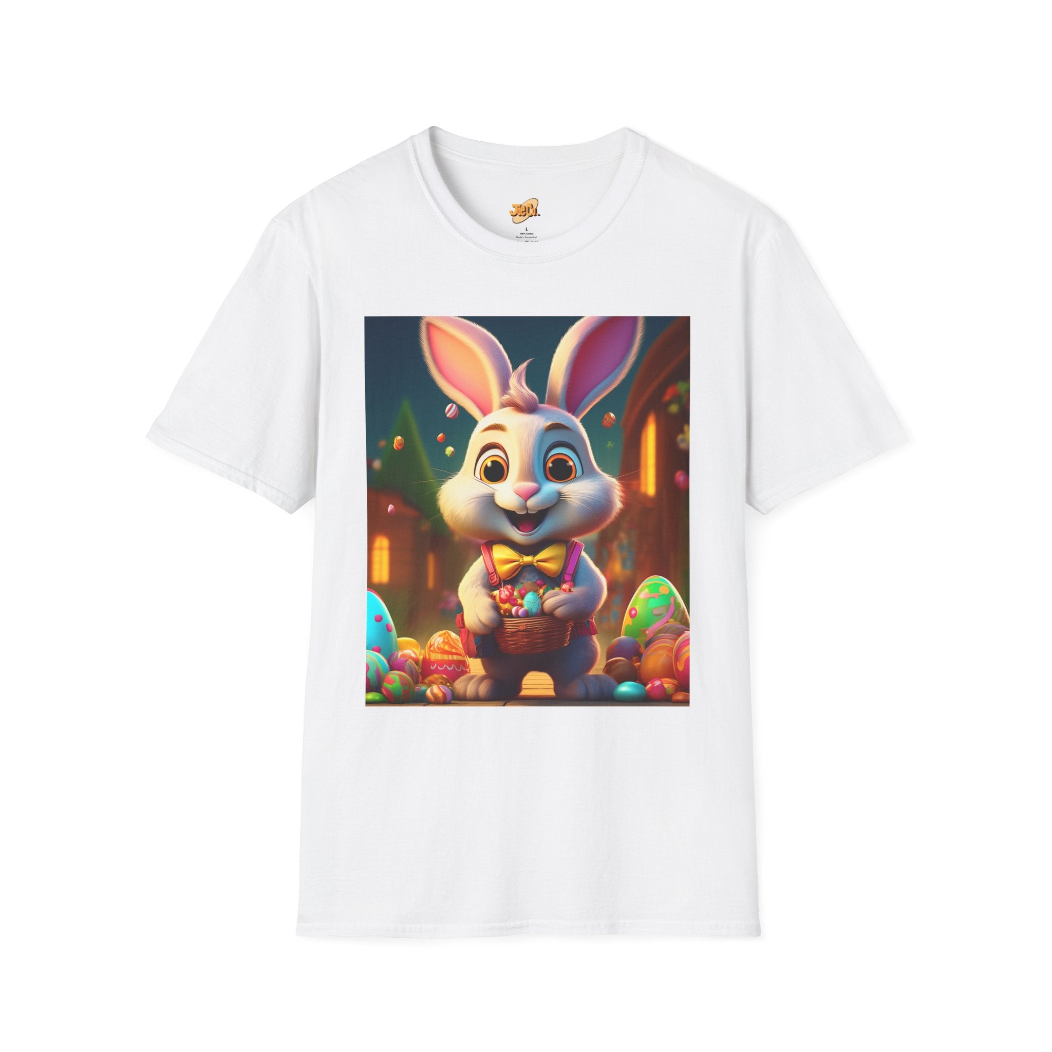 Easter Bunny Kids T-Shirt — Cute Cartoon Rabbit with Colorful Eggs