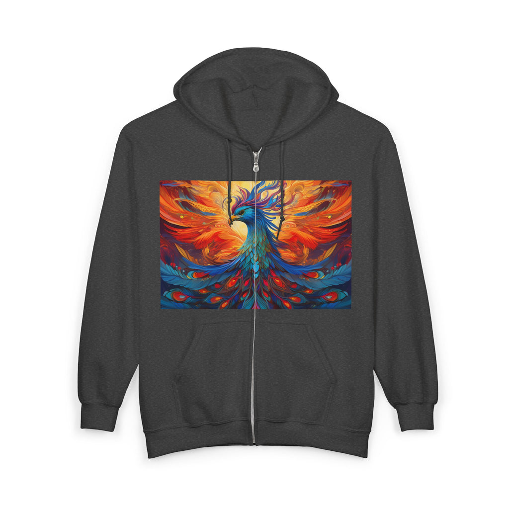 Phoenix Art Full-Zip Hoodie — Vibrant Abstract Bird Design