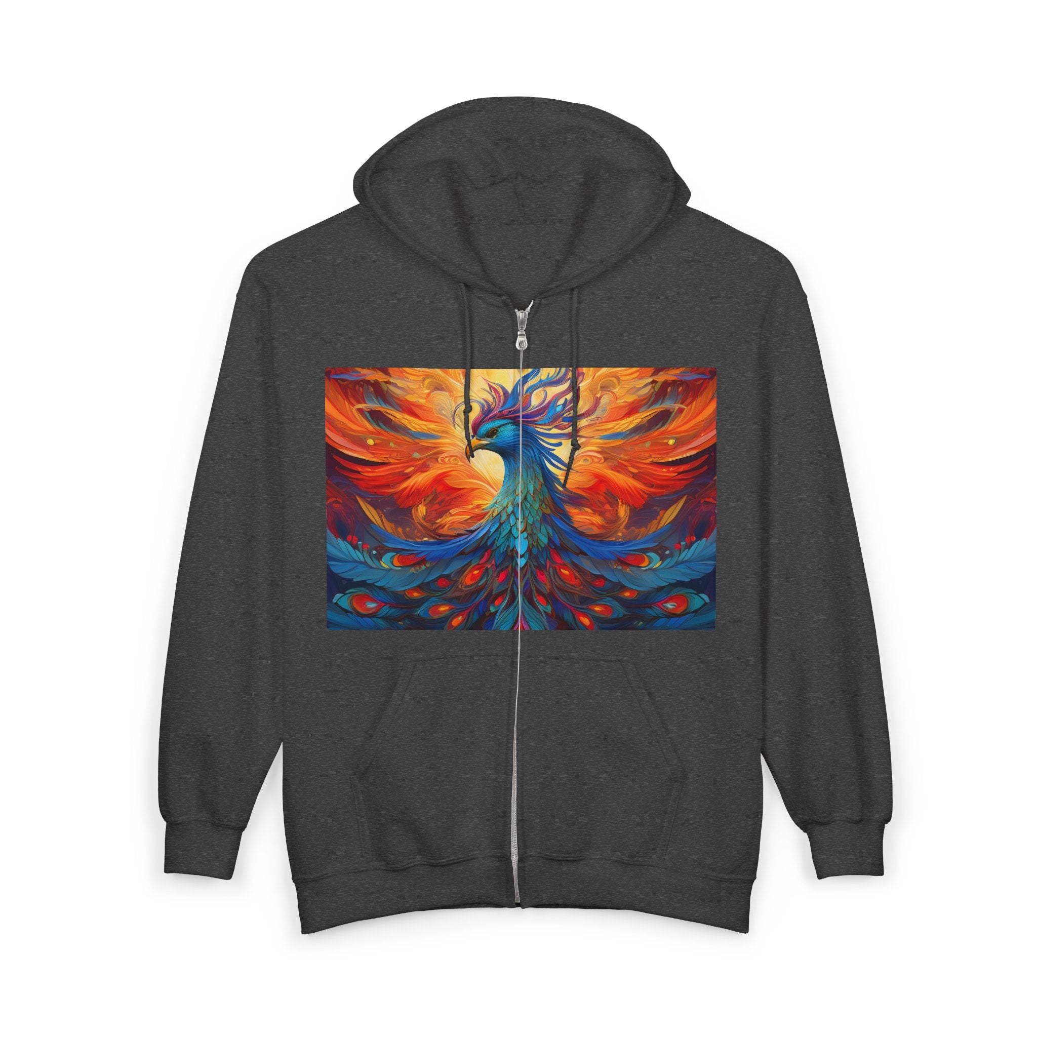 Phoenix Art Full-Zip Hoodie — Vibrant Abstract Bird Design