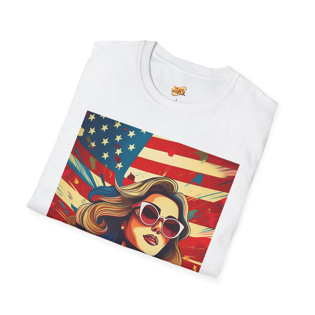 Patriotic Retro Woman T-Shirt — American Flag Vintage Pop Art Tee