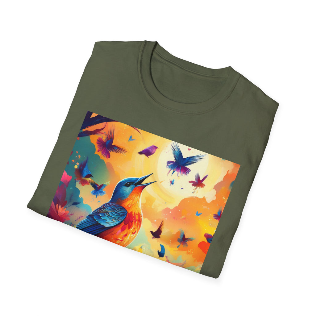 Birds at Dawn Graphic T-Shirt — Colorful Floral Songbird Tee