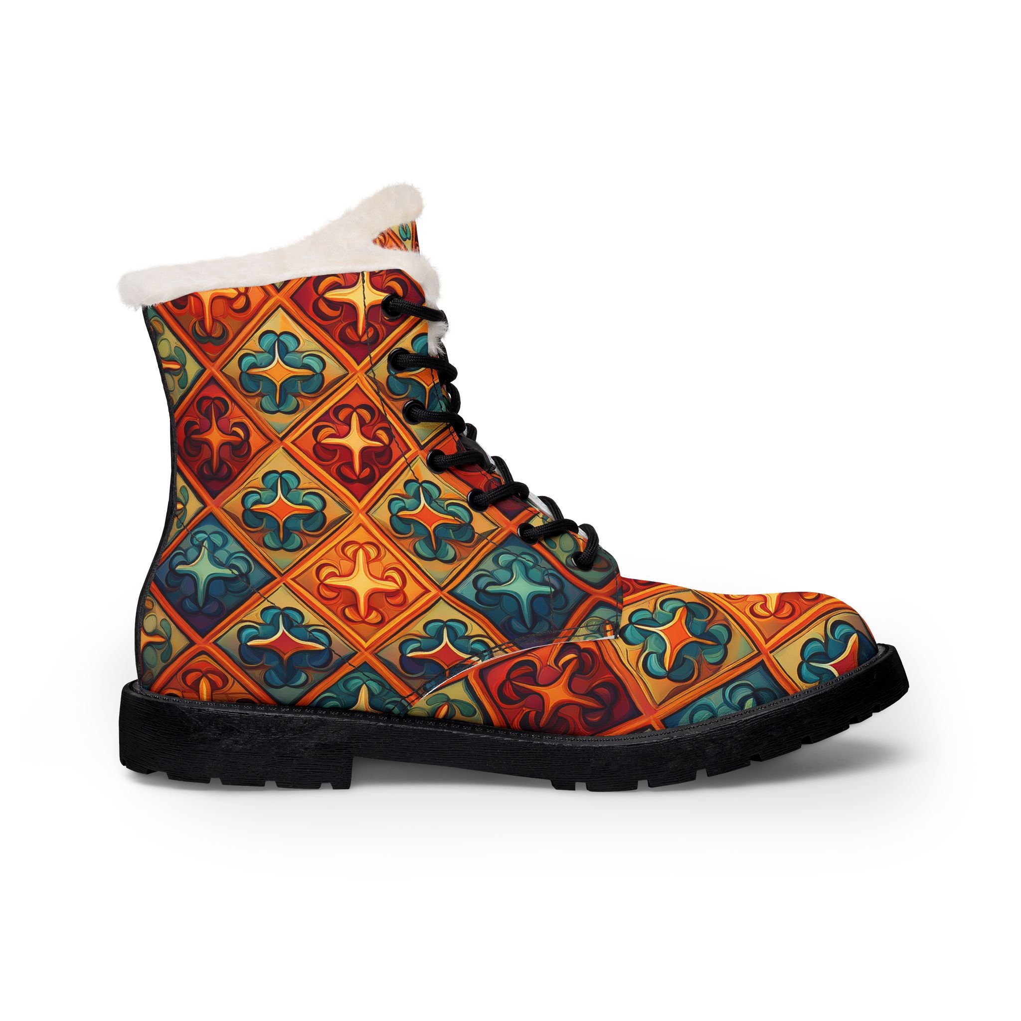 Men's Fur-Lined Leather Boots — Colorful Tile Pattern Winter Work Boots