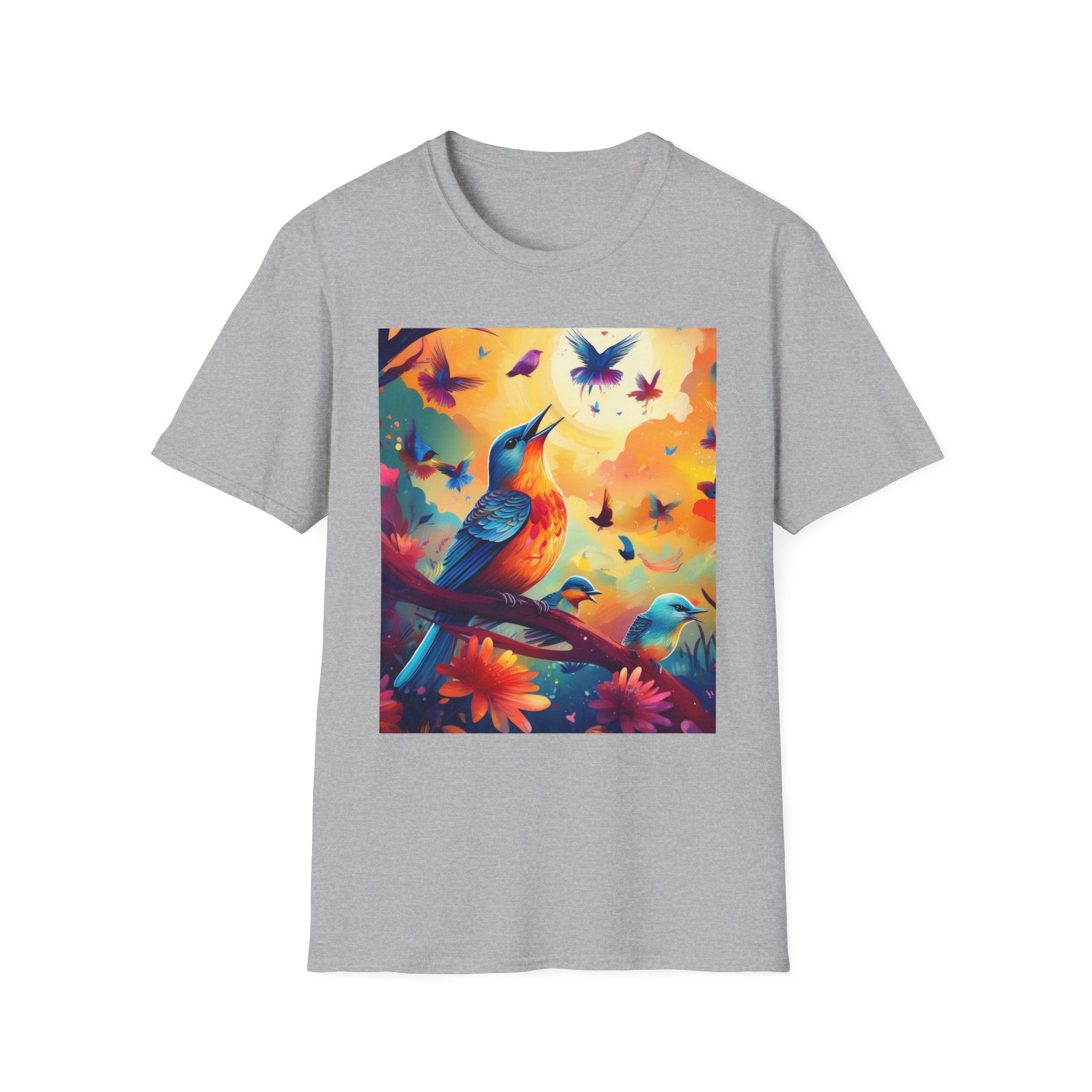 Birds at Dawn Graphic T-Shirt — Colorful Floral Songbird Tee