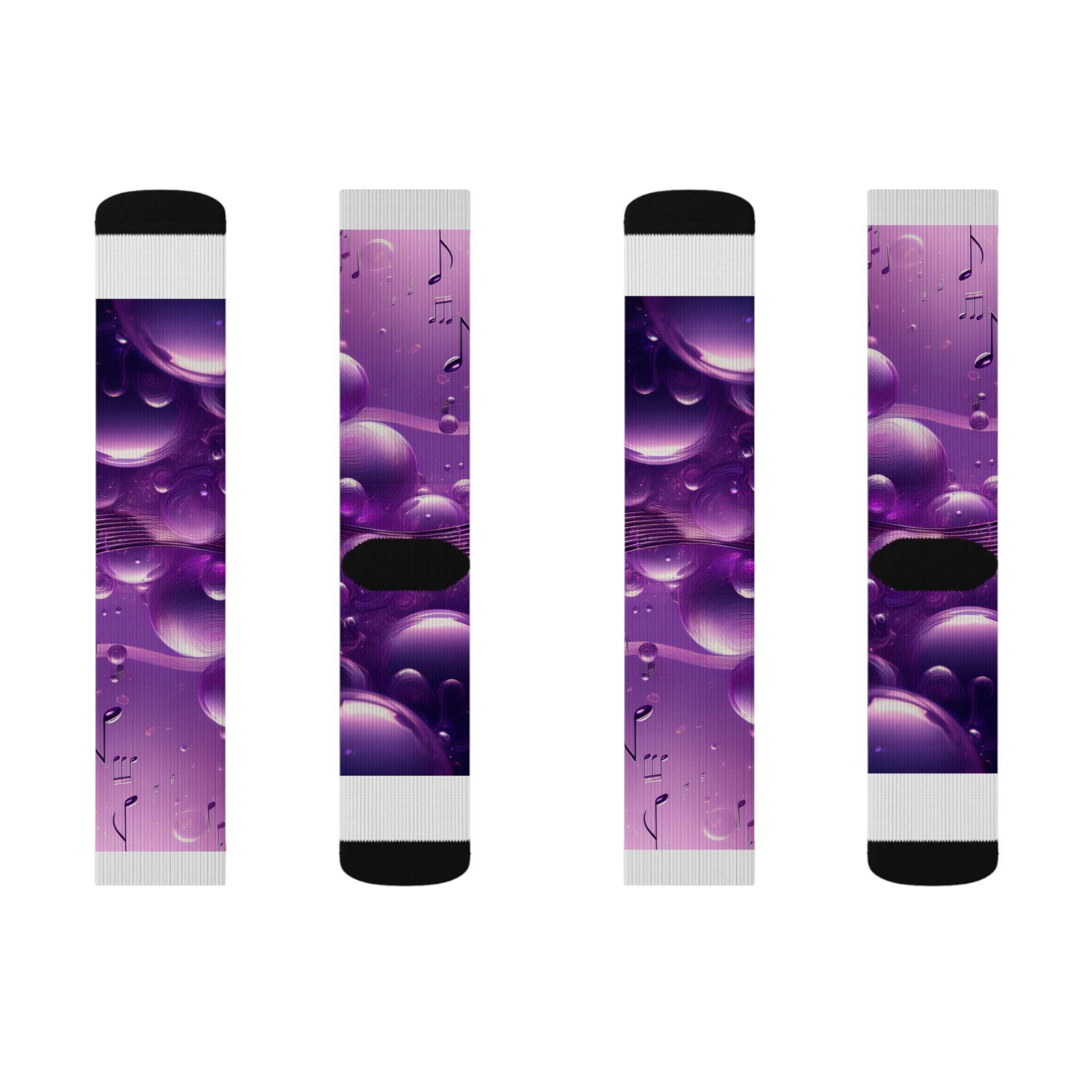 Purple Music Notes Sublimation Socks – Bubble Pattern Crew Socks for Musicians & Music Lovers