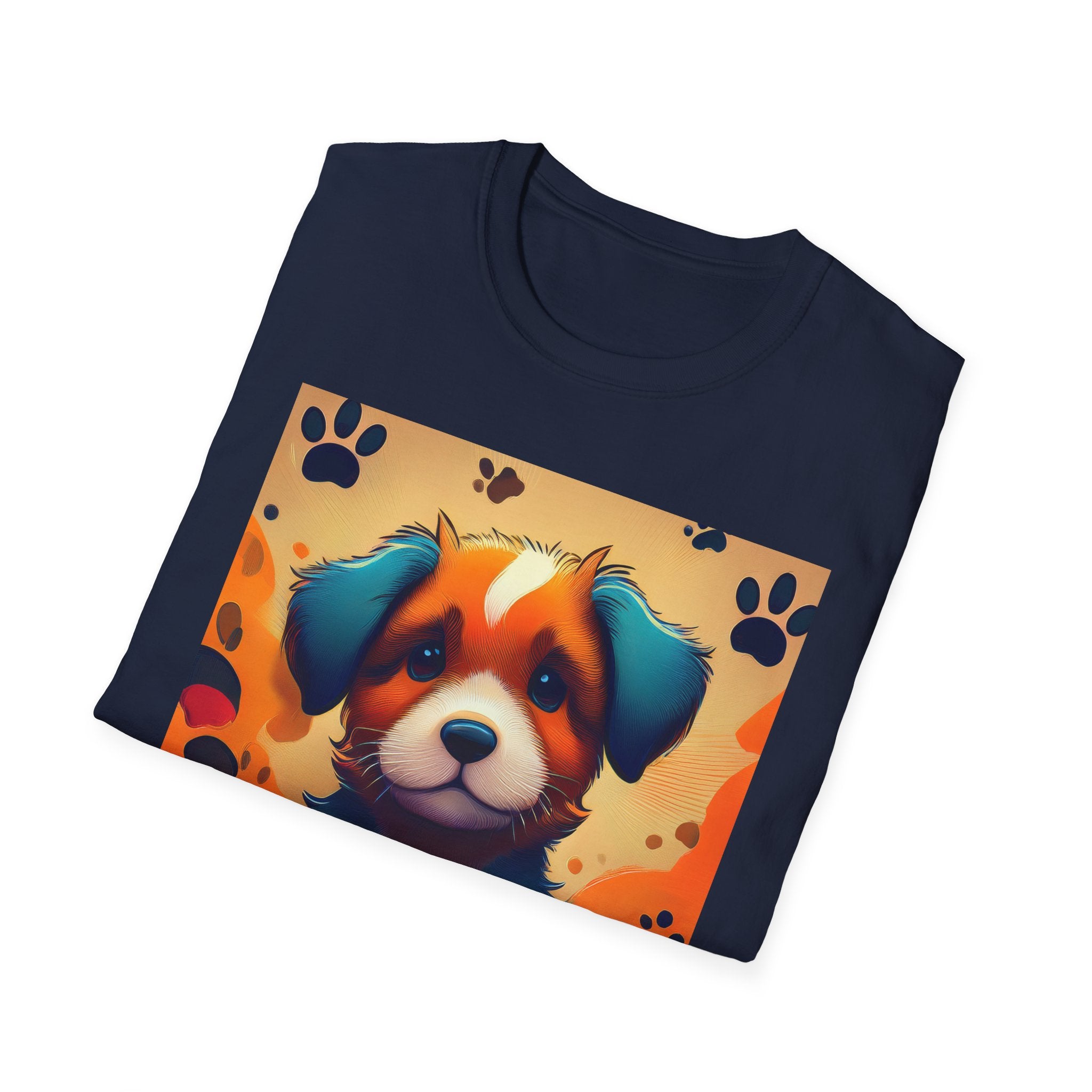 Cute Puppy Portrait T-Shirt — Colorful Paw Print Dog Graphic Tee