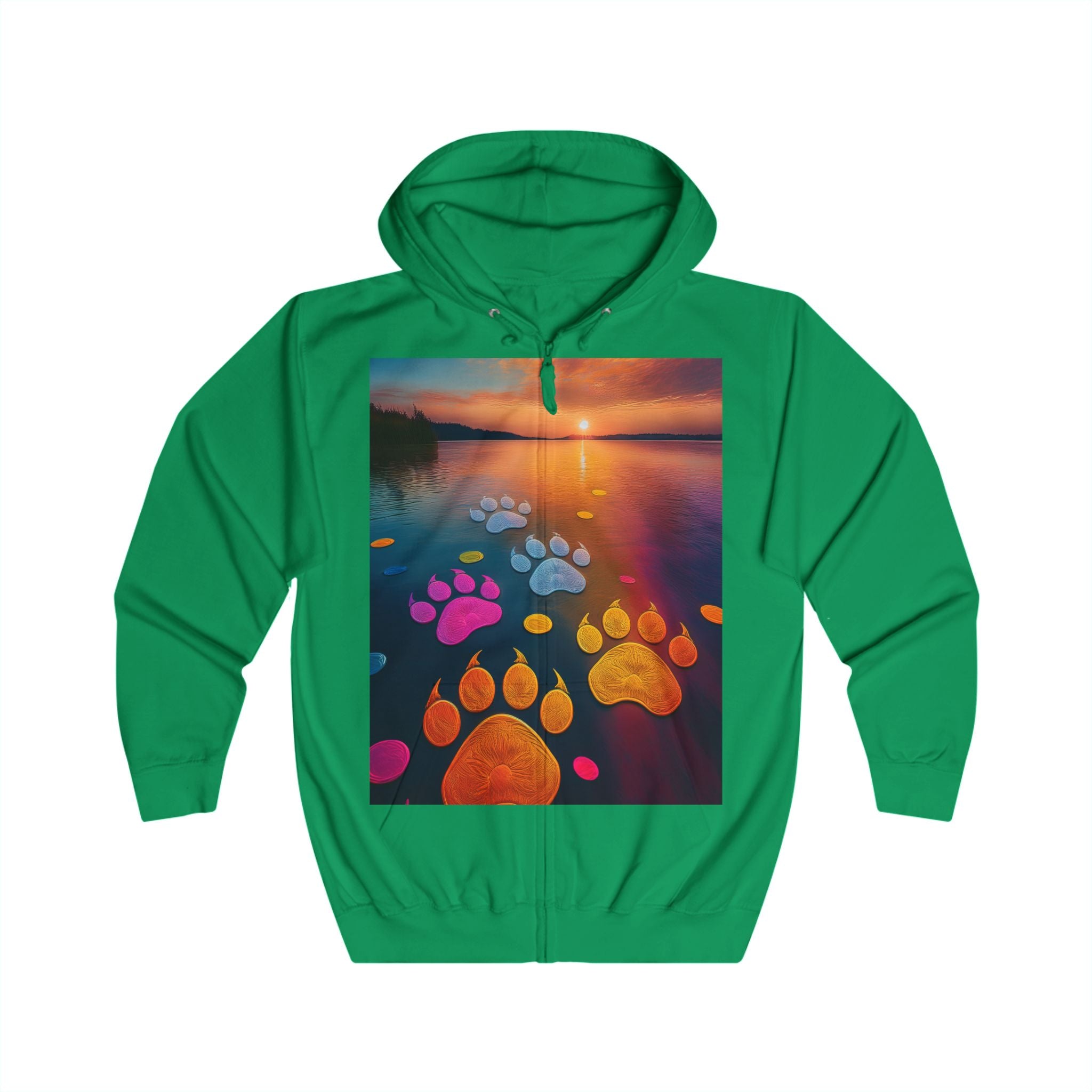 Pawprint Sunset Zip Hoodie — Colorful Paw Trail Graphic