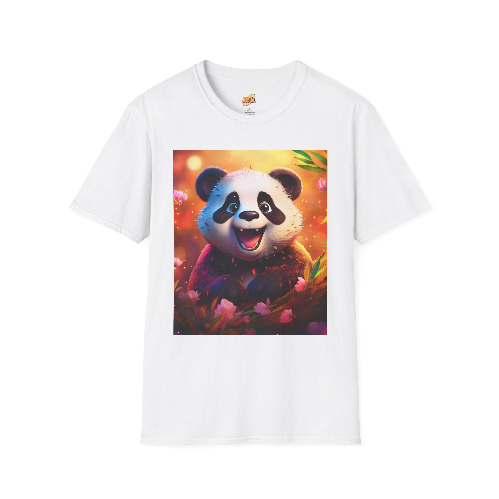 Cute Smiling Panda Graphic T-Shirt — Playful Floral Panda Tee