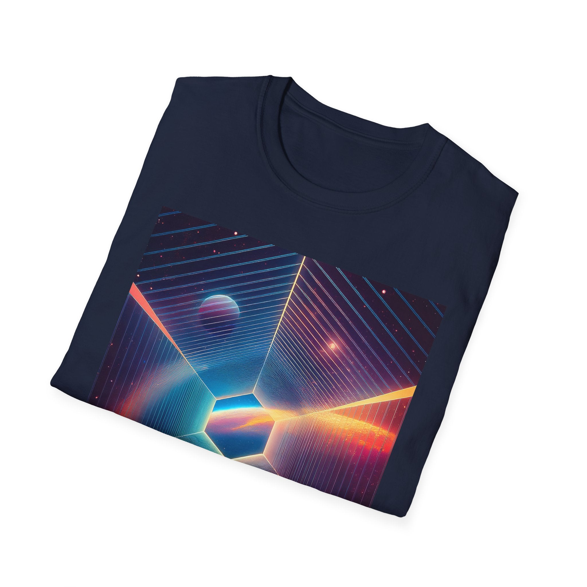 Retro Futuristic Space Tee — Neon Geometric Galaxy T-Shirt