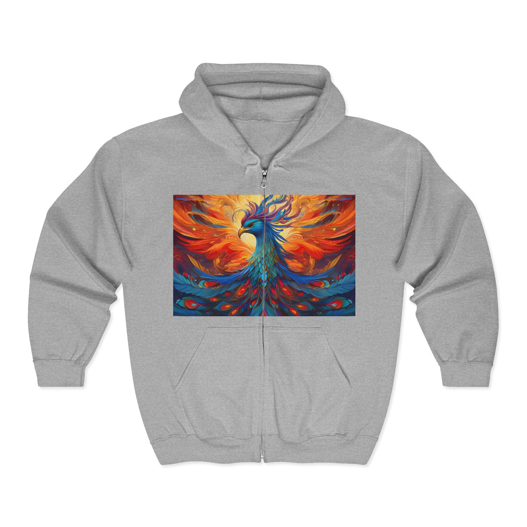 Phoenix Art Full-Zip Hoodie — Vibrant Abstract Bird Design
