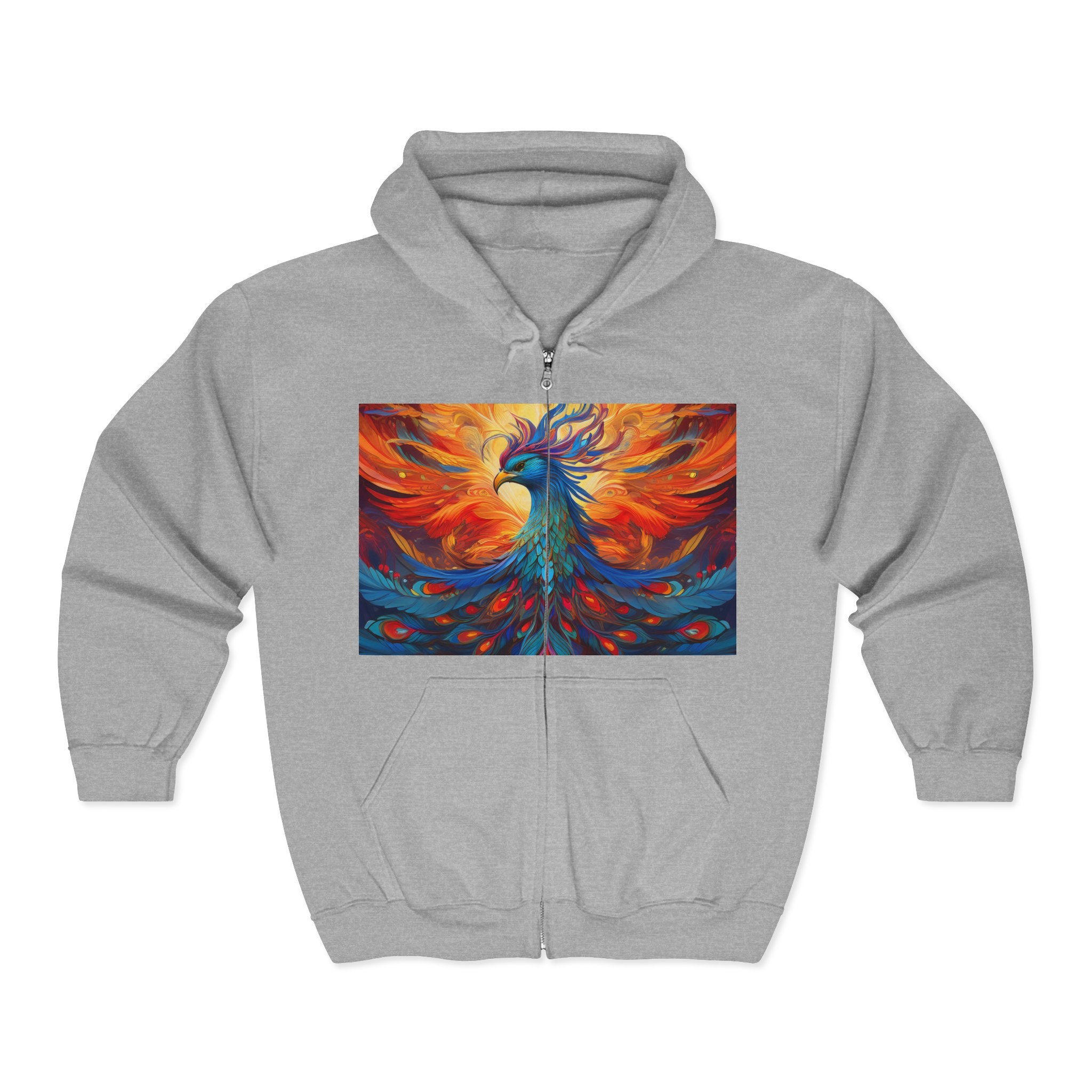 Phoenix Art Full-Zip Hoodie — Vibrant Abstract Bird Design