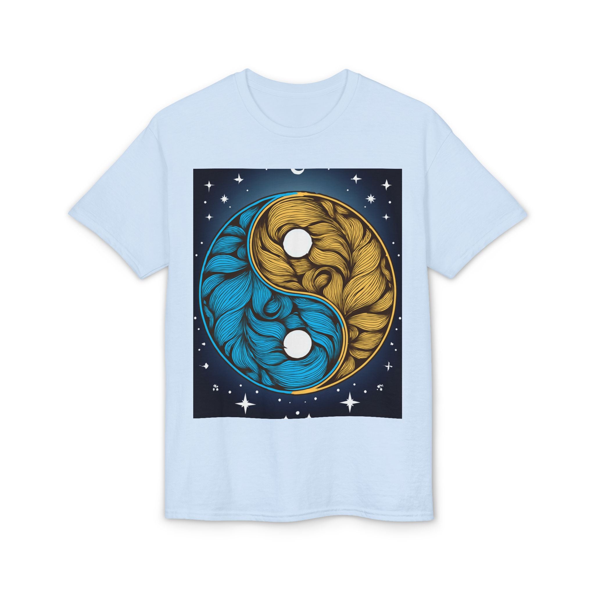 Yin Yang Moon Feathers T-Shirt — Blue & Gold Celestial Balance Tee