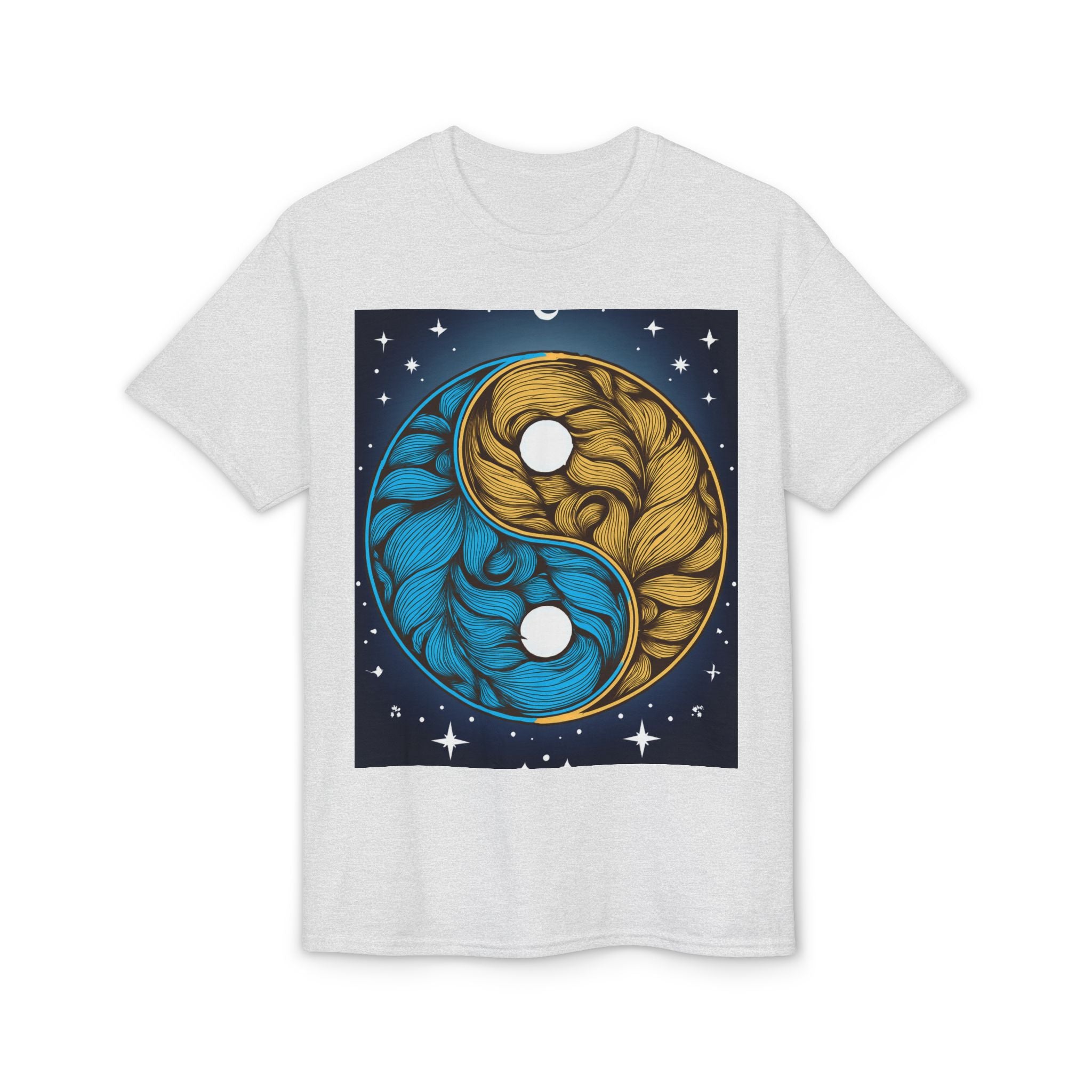 Yin Yang Moon Feathers T-Shirt — Blue & Gold Celestial Balance Tee