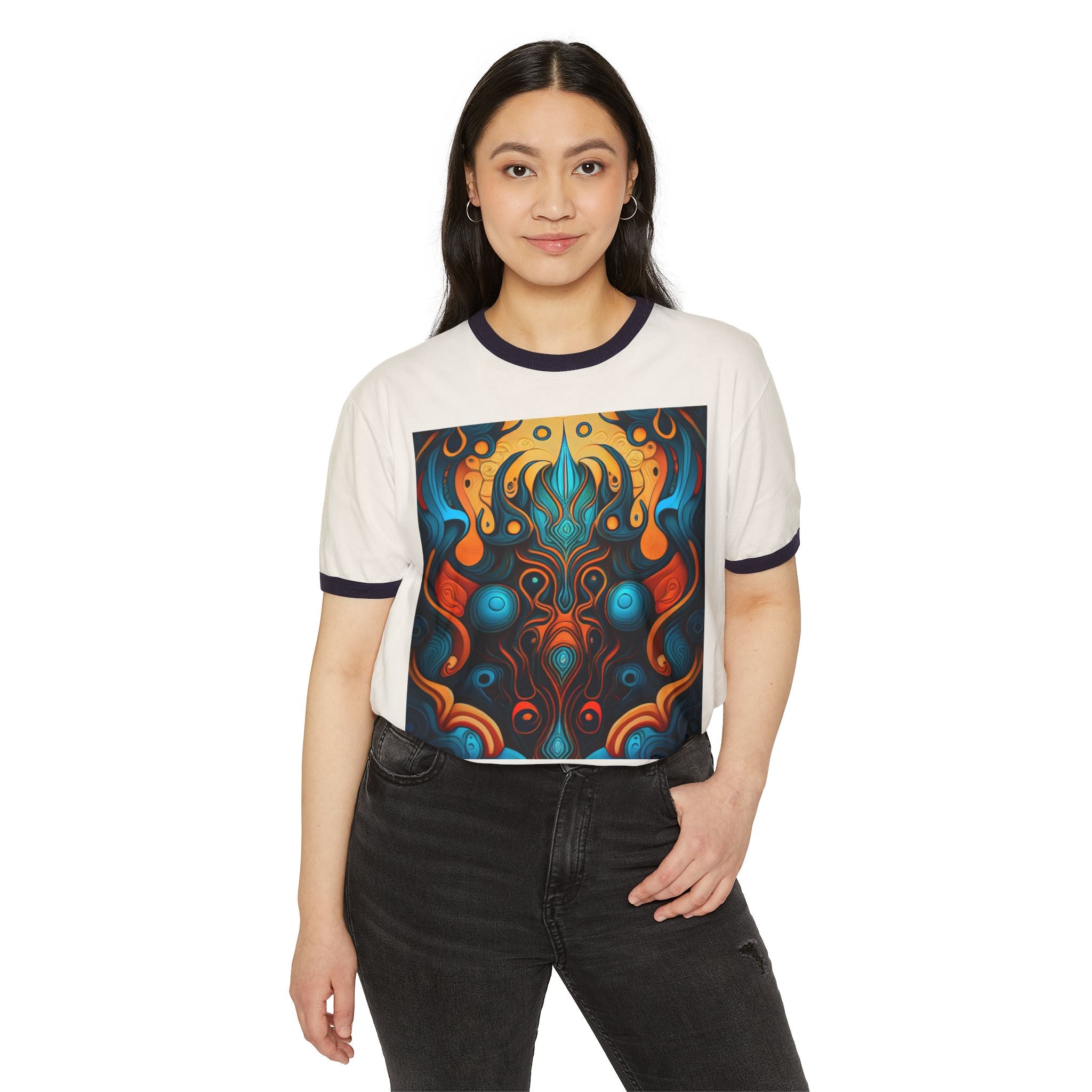 Abstract Flame Mandala Ringer Tee - Psychedelic Symmetry Graphic T-Shirt