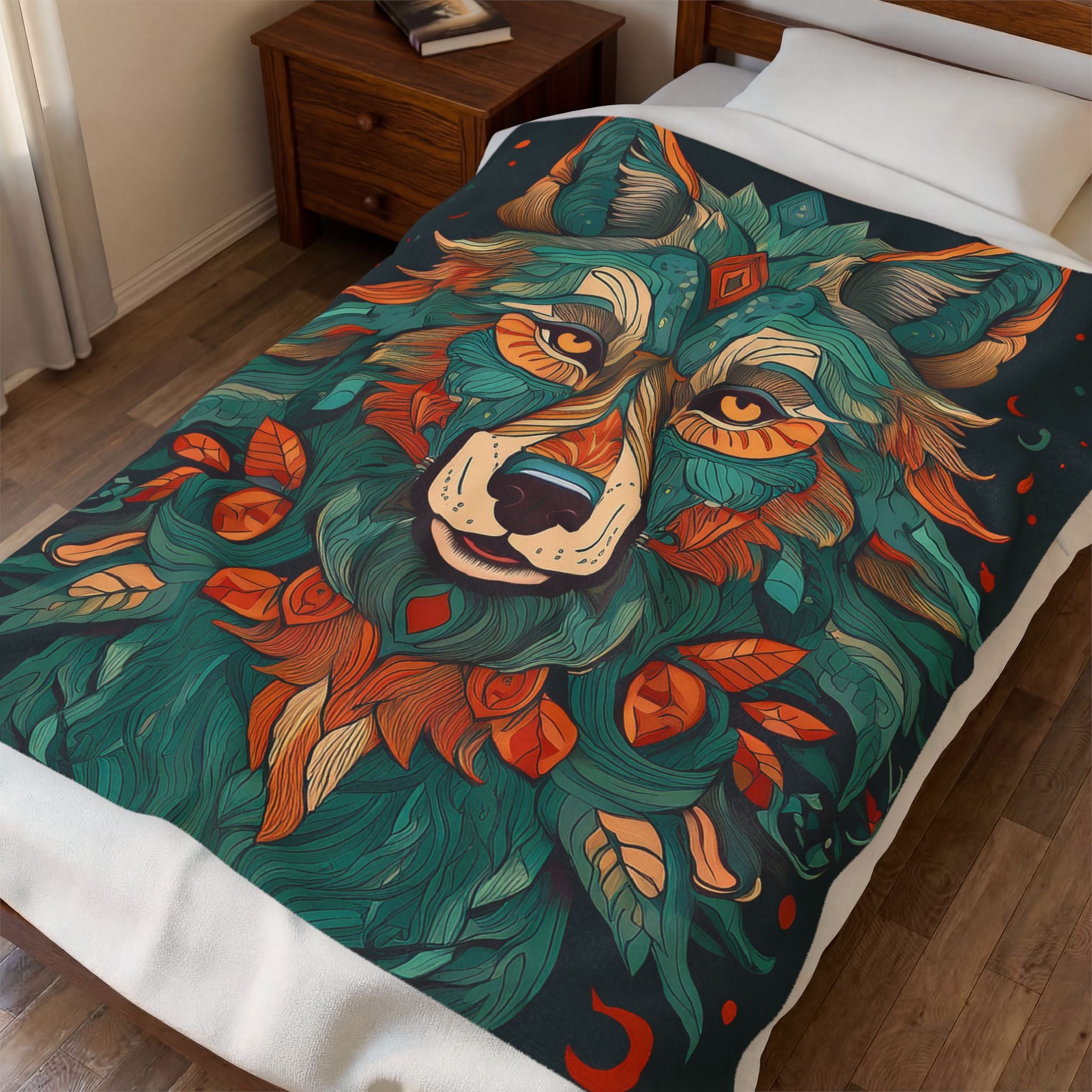 Mystic Floral Wolf Velveteen Plush Blanket — Cozy Boho Animal Throw for Living Room & Gifts