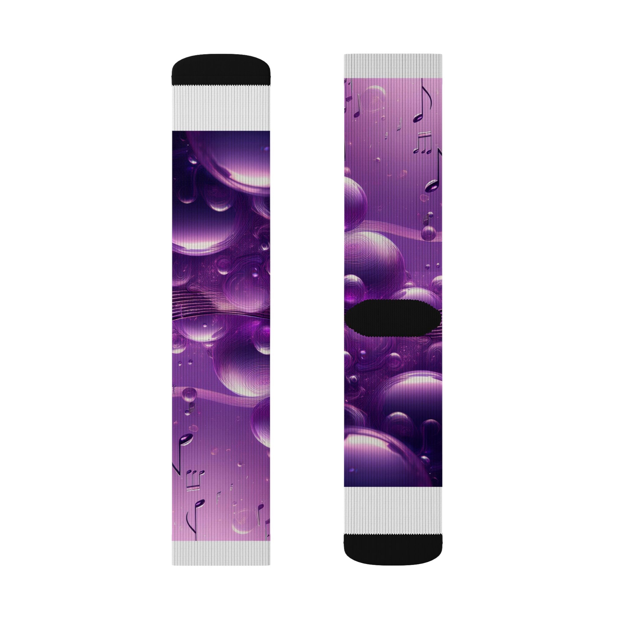 Purple Music Notes Sublimation Socks – Bubble Pattern Crew Socks for Musicians & Music Lovers