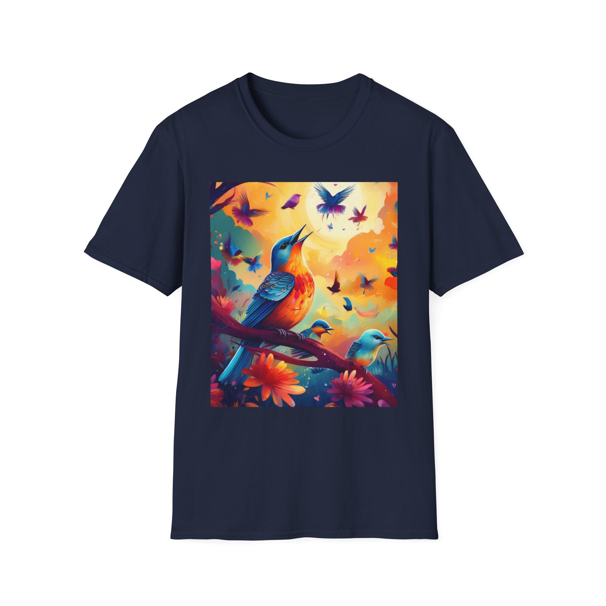 Birds at Dawn Graphic T-Shirt — Colorful Floral Songbird Tee