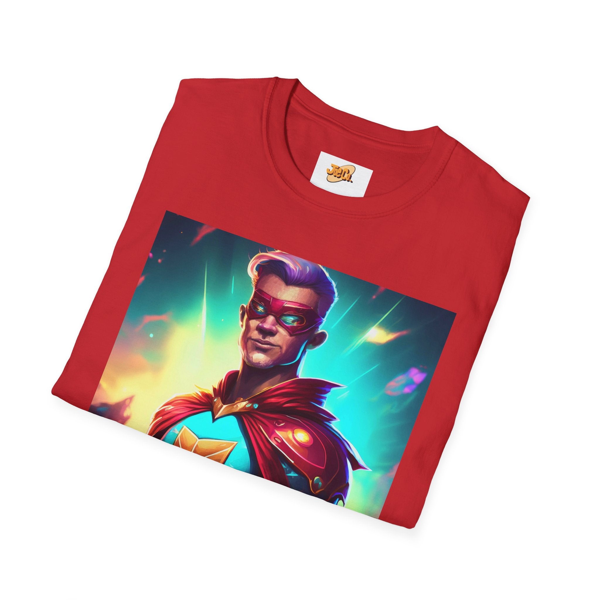 Superhero Graphic T-Shirt — Retro Neon Captain Chest Emblem