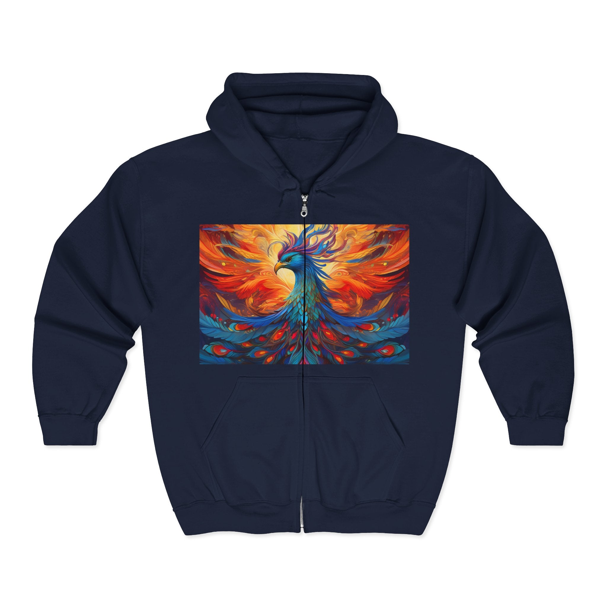 Phoenix Art Full-Zip Hoodie — Vibrant Abstract Bird Design