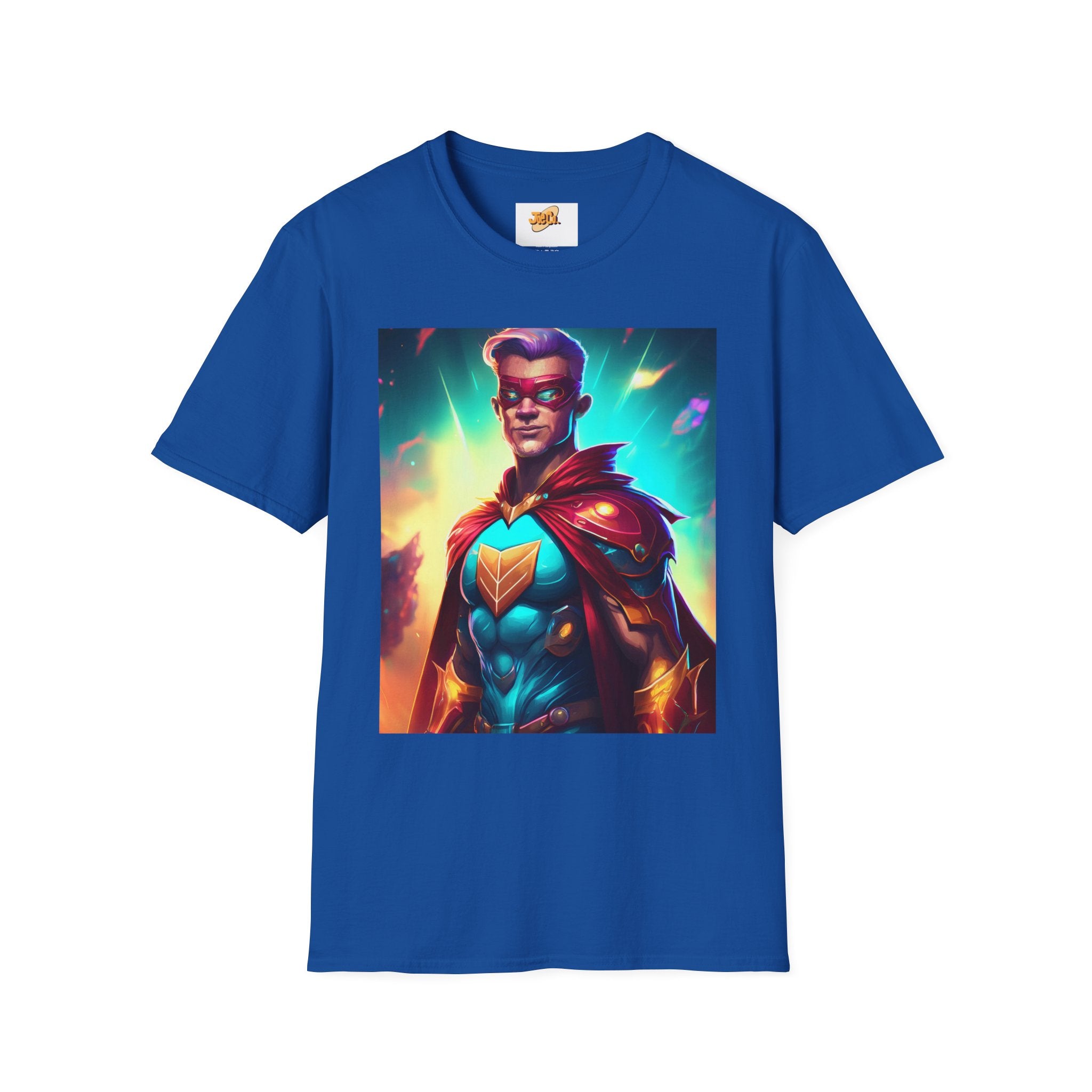 Superhero Graphic T-Shirt — Retro Neon Captain Chest Emblem